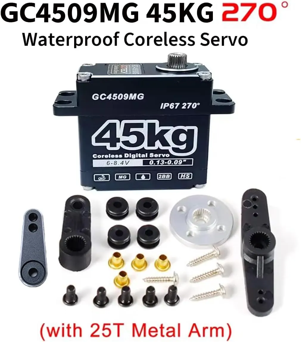 GOTECK 45KG Coreless Digital Servo,Large Torque 8.4V Full Metal Gear IP67 Waterproof Steering Servo with 25T Servo Horn for 1/6 1/8 1/10 RC Crawler Car,Robot,Boat,Truck Robot Parts (45KG(8.4V)-270°))