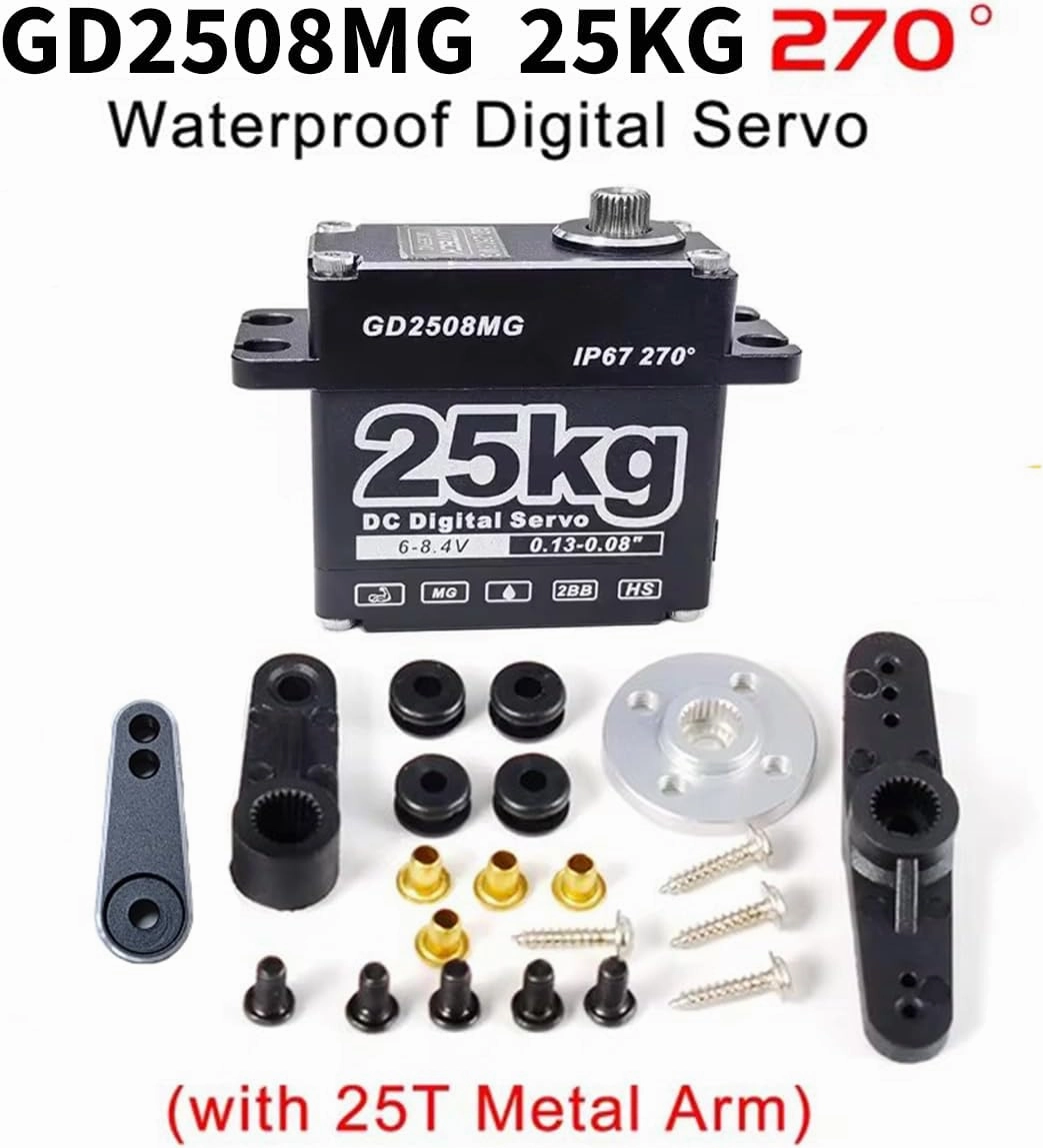 GOTECK 25KG Digital Servo,Large Torque 8.4V Full Metal Gear IP67 Waterproof Steering Servo with 25T Servo Horn for 1/8 1/10 1/12 RC Crawler Car,Robot,Boat,Truck Robot Parts (25KG(8.4V)-270°)