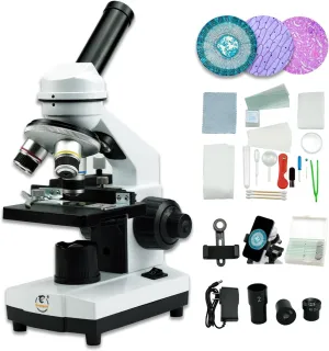 Grampus Achromatic Compound Minocular Microscope 40X-2000X, Dual LED Illumination, 10 Prepared Slides, 100 Cover Slips and Experiment Kit Offered for Kids Students Adults and Children
