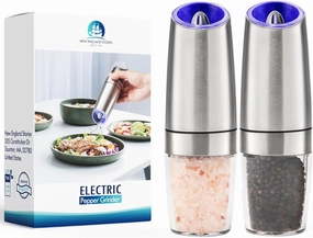 Gravity Electric Salt and Pepper Grinder Set of 2, Battery Powered Automatic Pepper Mill Grinder, One Hand Operation Adjustable Coarseness Blue LED Light (Silver)