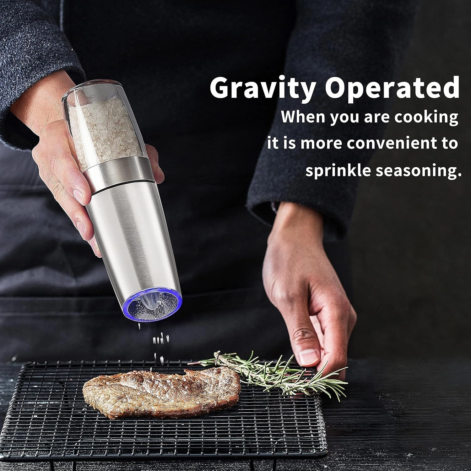 Gravity Electric Salt and Pepper Grinder Set of 2, Battery Powered Automatic Pepper Mill Grinder, One Hand Operation Adjustable Coarseness Blue LED Light (Silver)