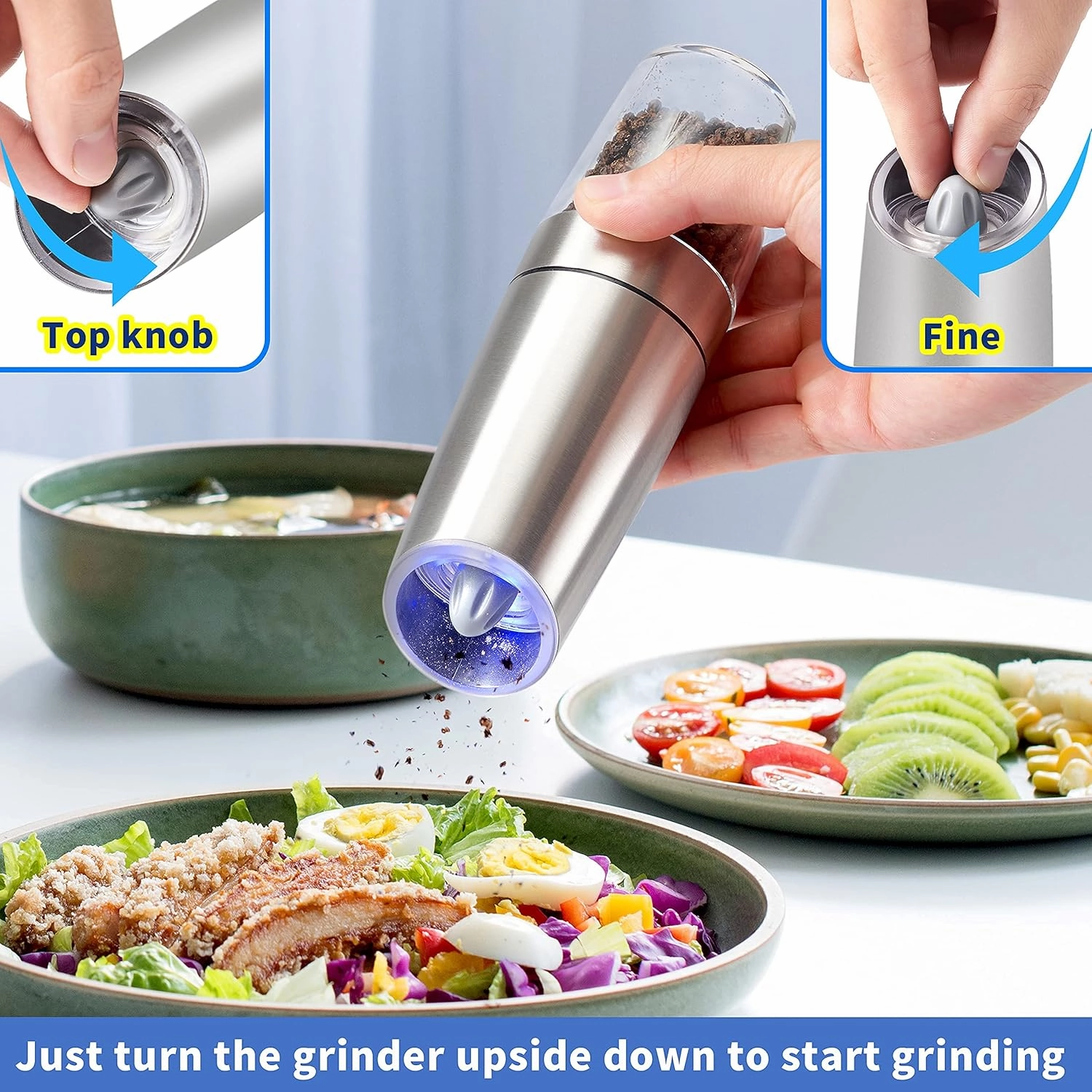 Gravity Electric Salt and Pepper Grinder Set of 2, Battery Powered Automatic Pepper Mill Grinder, One Hand Operation Adjustable Coarseness Blue LED Light (Silver)