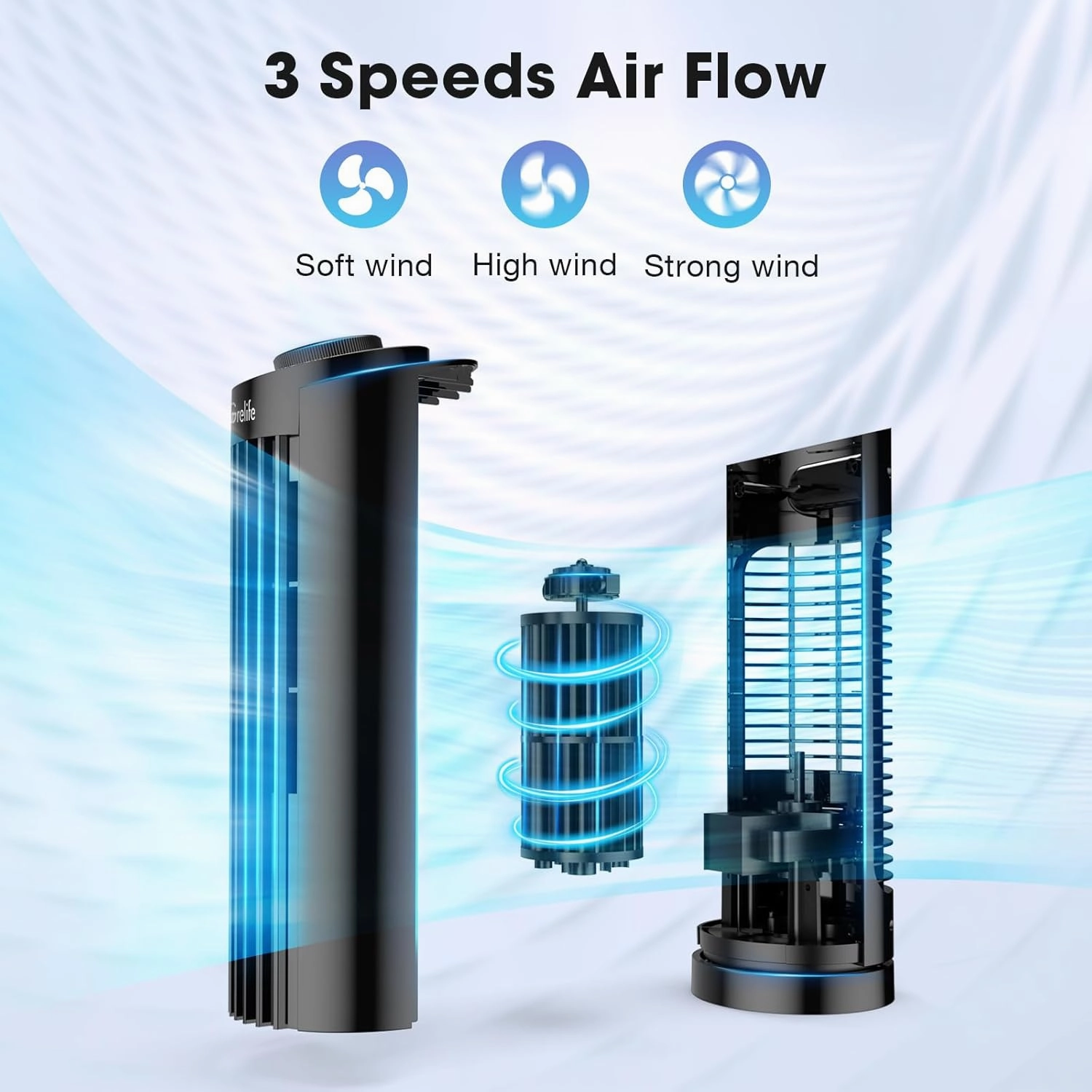Grelife Tower Fan, Mechanical Controls, 3 Speed Settings, 90° Oscillation - 13 Inch, Quiet, Space-Saving, Bladeless Cooling, Portable Desk Fan for Bedroom, Home, and Office