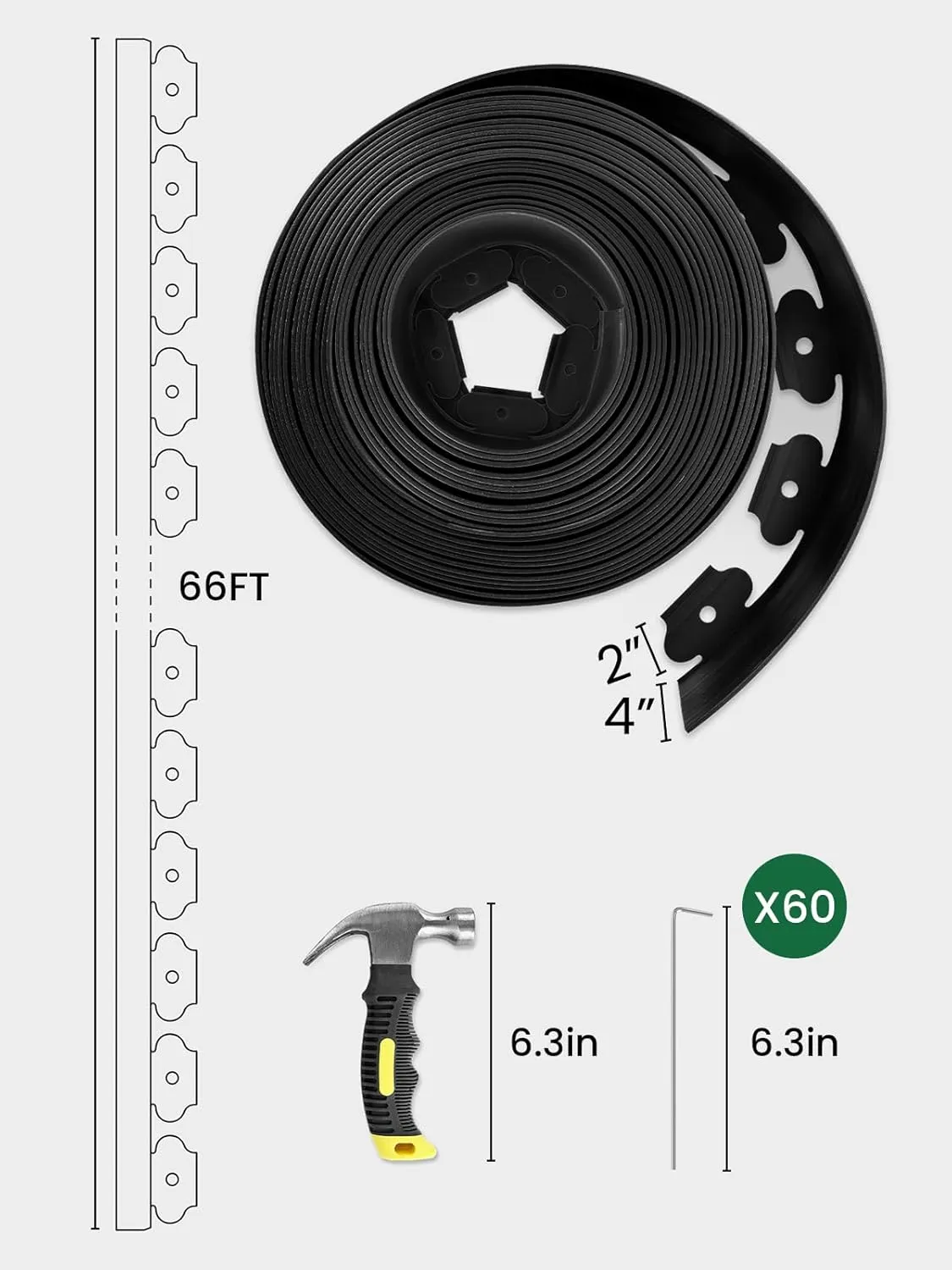 GROWNEER 4 in Tall, 66FT Landscape Edging, Rubberific Garden Edging Border with 60 Pcs Landscape Staples, 1PC Hammer, Garden Border for Landscaping Garden, Flower Beds, and Lawn, Black