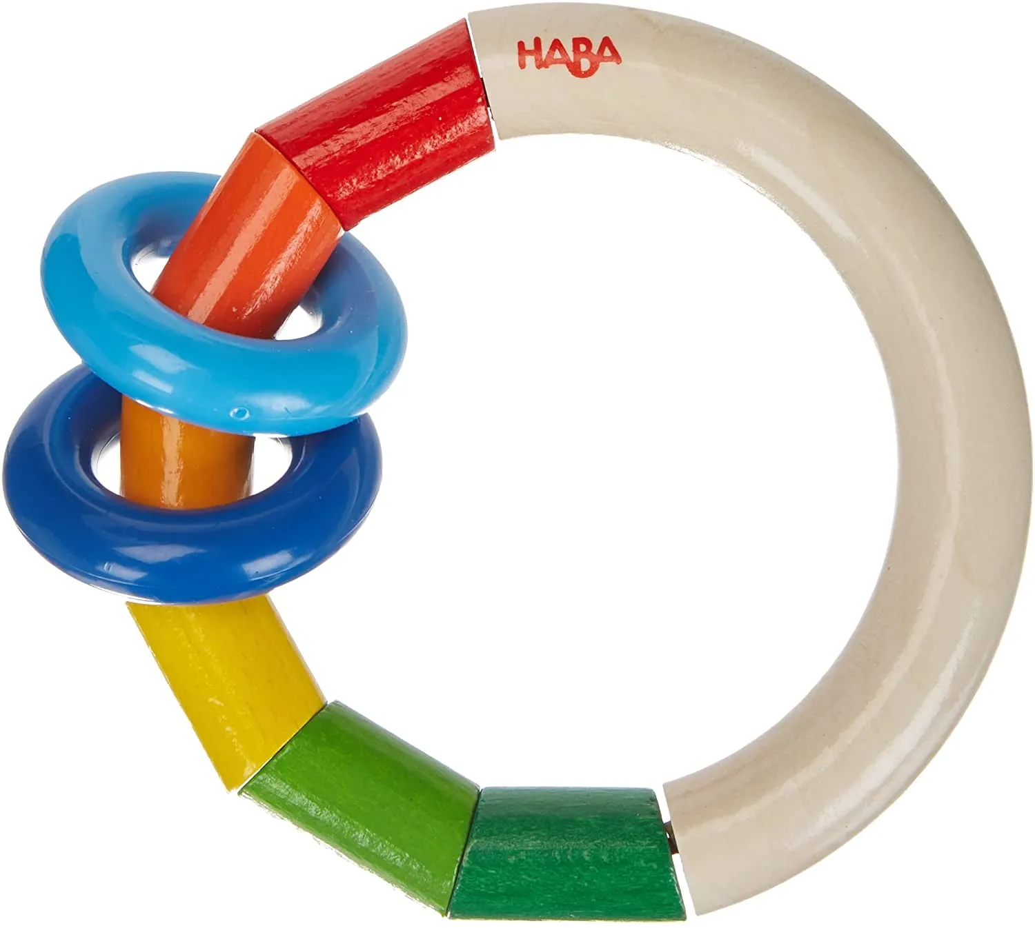 HABA Wooden Rainbow Teething Rattle Toy for Babies 0-18 Months - Kringlering Wood Grasping Toy with Plastic Rings - Sensory Toys for Babies, Made in Germany