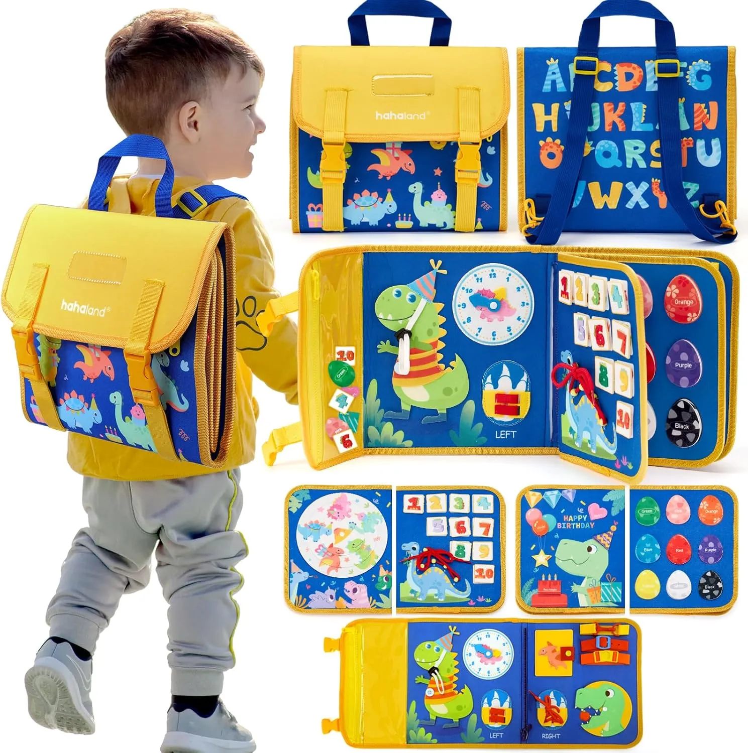 hahaland Toddler Toys Busy Board 1-4, Montessori Toys for Ages 2-4, Boy Birthday Gift 18 in 1 Preschool Learning Activities with 12 Life Skills-Numbers,String Beads,Shapes,Colors,Puzzles,Alphabet