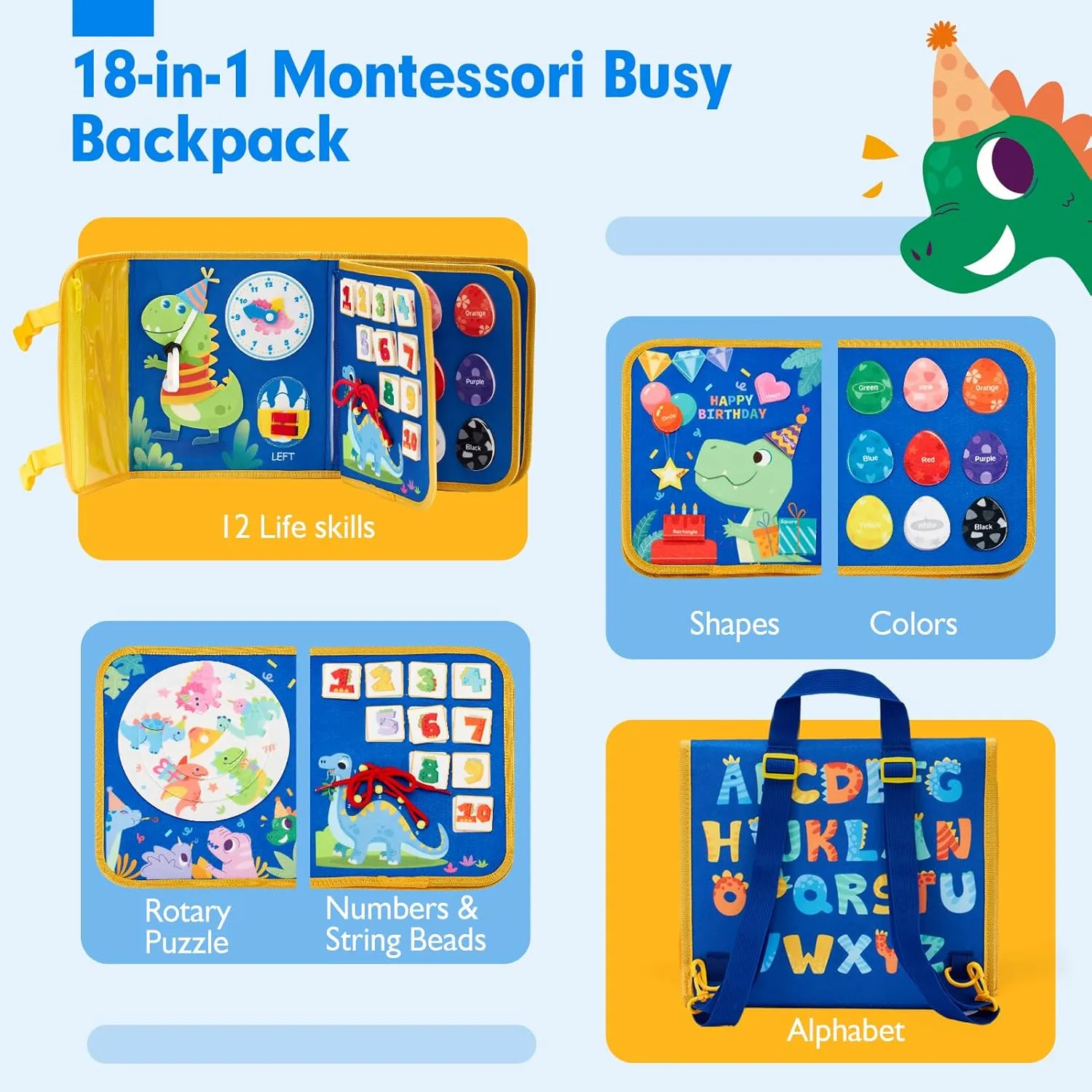 hahaland Toddler Toys Busy Board 1-4, Montessori Toys for Ages 2-4, Boy Birthday Gift 18 in 1 Preschool Learning Activities with 12 Life Skills-Numbers,String Beads,Shapes,Colors,Puzzles,Alphabet