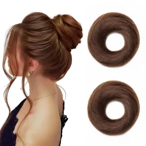 Hairro 2PCS Messy Hair Bun Hair Piece Human Hair Scrunchies Real Hair Updo Hairpieces Donut Elegant Chignon Wrap On Instant Up-do with Elastic Rubber Band Easy Bun For Women 46g #04 Medium Brown