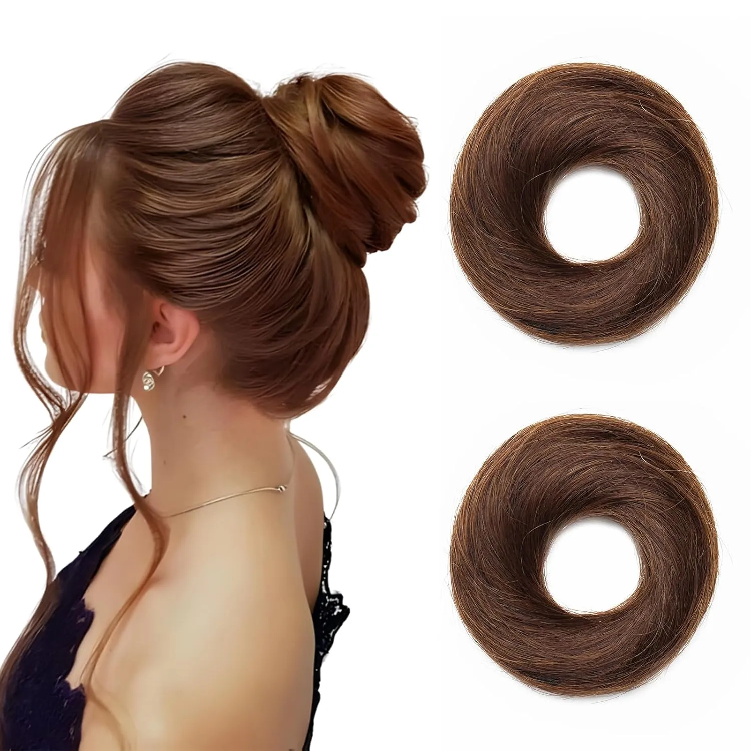 Hairro 2PCS Messy Hair Bun Hair Piece Human Hair Scrunchies Real Hair Updo Hairpieces Donut Elegant Chignon Wrap On Instant Up-do with Elastic Rubber Band Easy Bun For Women 46g #04 Medium Brown