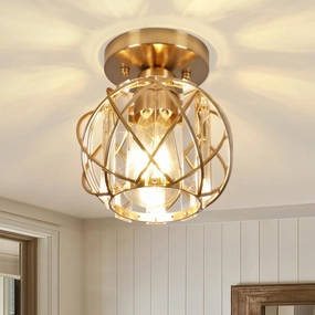 Hallway Light Fixtures Ceiling,Semi Flush Mount Ceiling Light Fixtures Gold Metal Cage Indoor Industrial Ceiling Lights for Bedroom Room Hallway Bathroom Entryway Kitchen