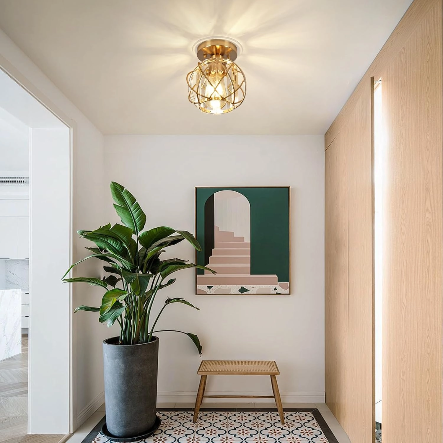 Hallway Light Fixtures Ceiling,Semi Flush Mount Ceiling Light Fixtures Gold Metal Cage Indoor Industrial Ceiling Lights for Bedroom Room Hallway Bathroom Entryway Kitchen