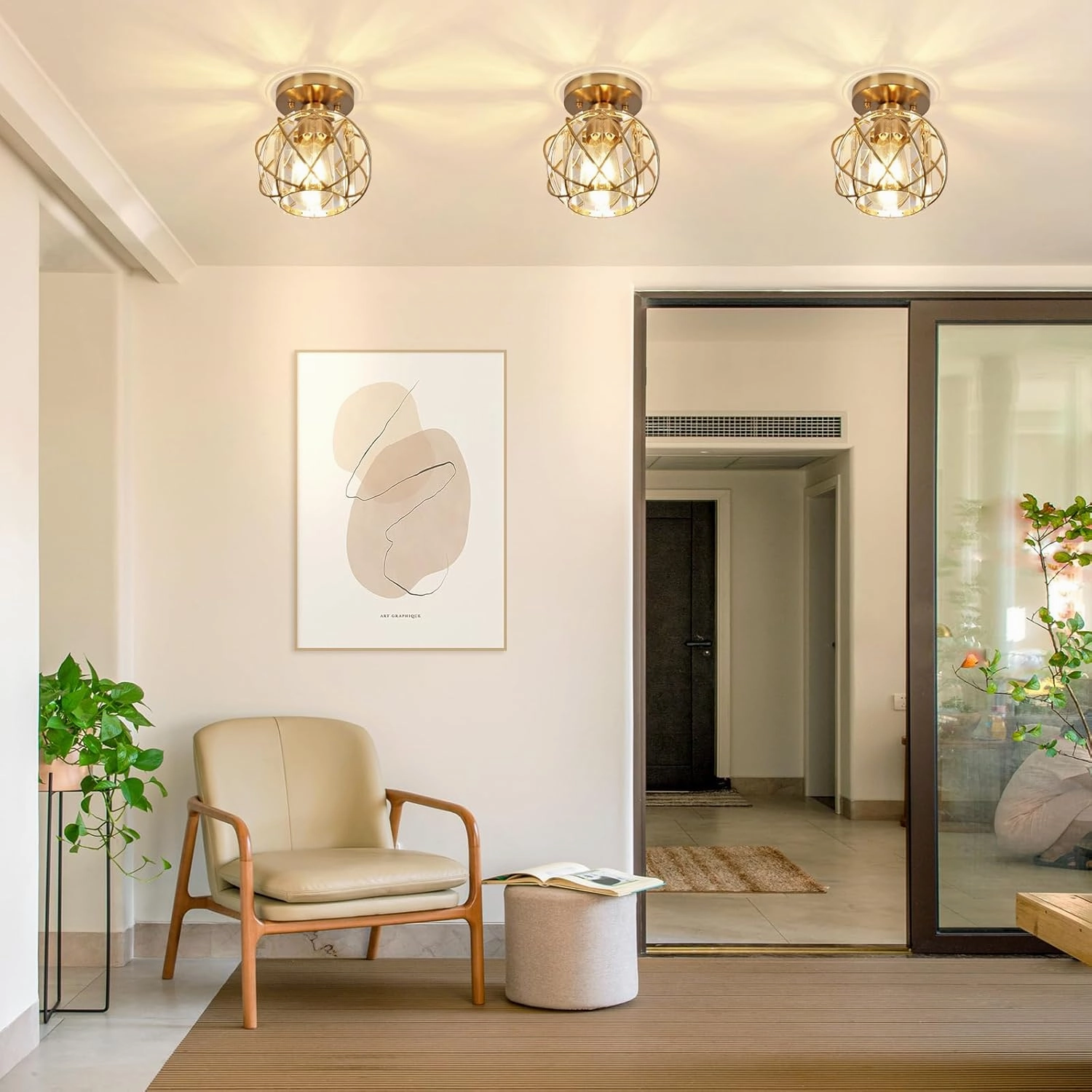 Hallway Light Fixtures Ceiling,Semi Flush Mount Ceiling Light Fixtures Gold Metal Cage Indoor Industrial Ceiling Lights for Bedroom Room Hallway Bathroom Entryway Kitchen