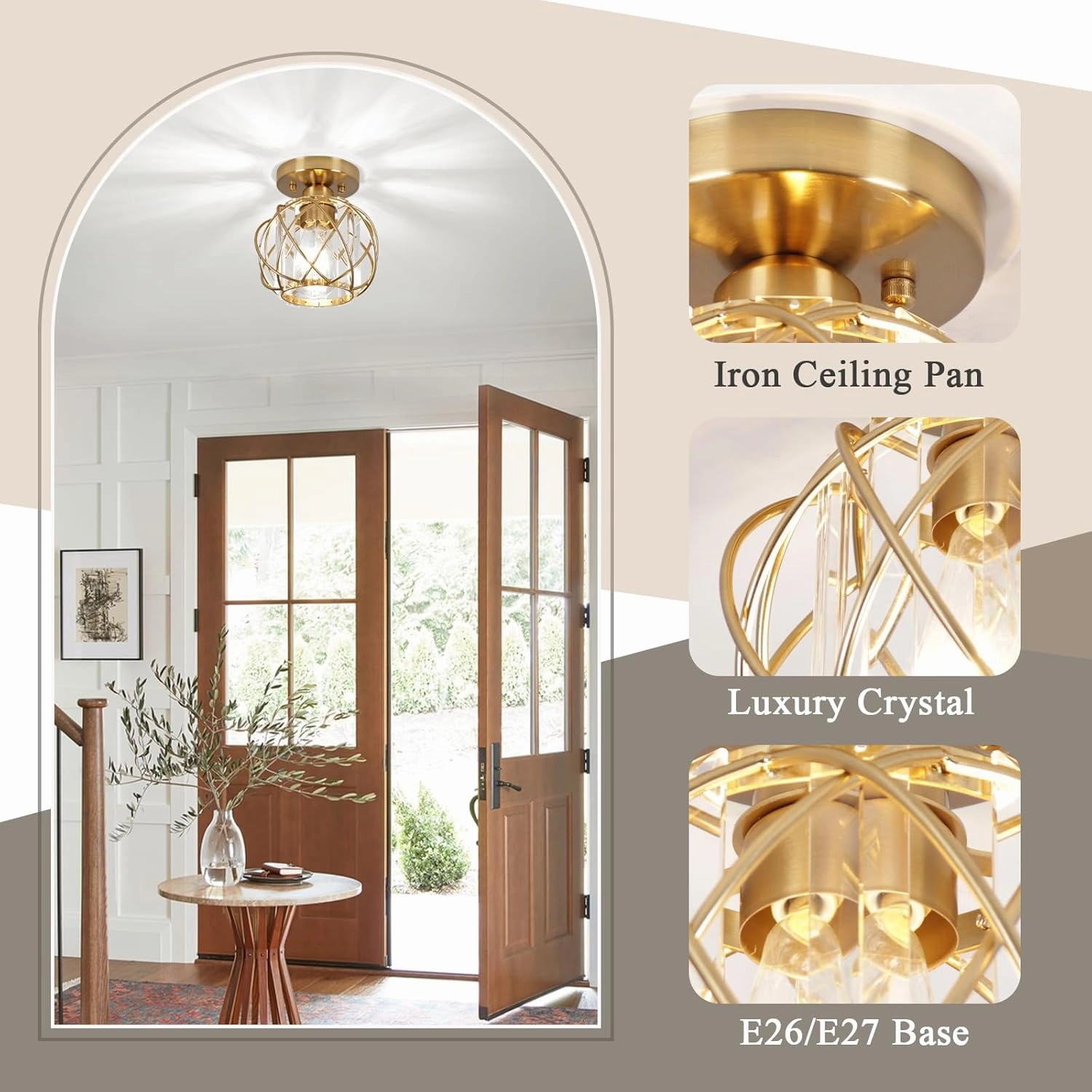 Hallway Light Fixtures Ceiling,Semi Flush Mount Ceiling Light Fixtures Gold Metal Cage Indoor Industrial Ceiling Lights for Bedroom Room Hallway Bathroom Entryway Kitchen