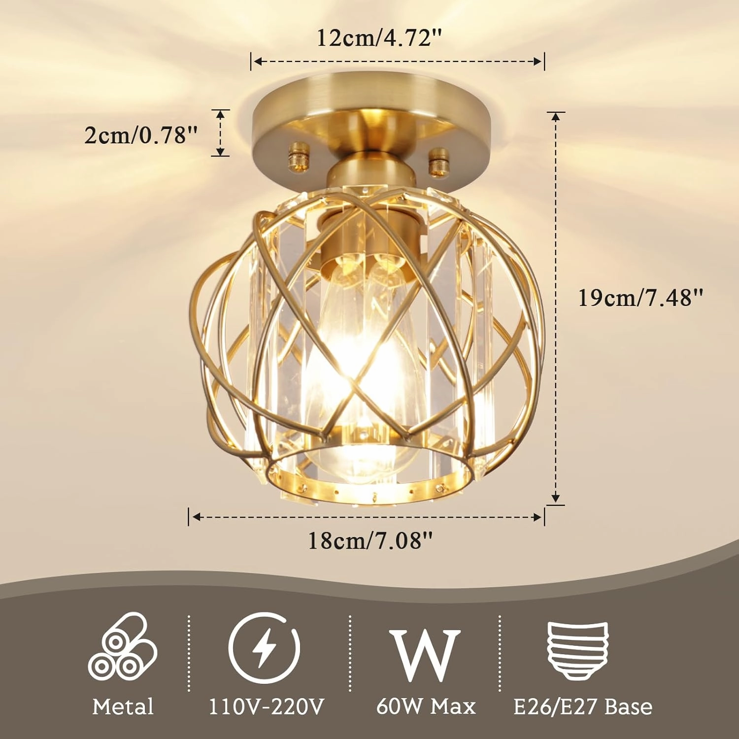Hallway Light Fixtures Ceiling,Semi Flush Mount Ceiling Light Fixtures Gold Metal Cage Indoor Industrial Ceiling Lights for Bedroom Room Hallway Bathroom Entryway Kitchen
