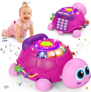 Hanayo Baby Musical Turtle Crawling Girl Toys for 6-18 Months，Infant Early Learning Educational Toy，Baby Girl Gift Essentials for Newborn 7 8 9 11  Months 1-2 Year Old(Pink)
