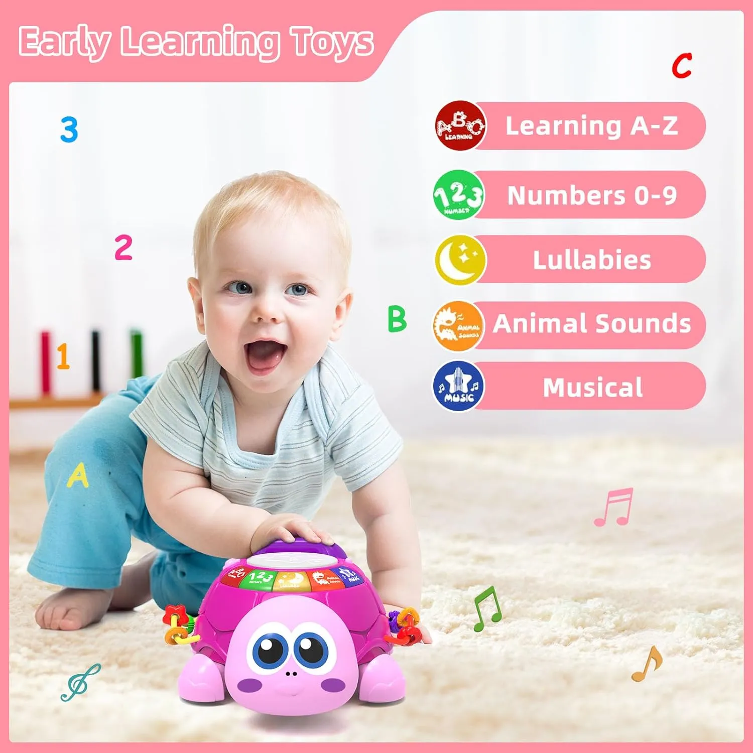 Hanayo Baby Musical Turtle Crawling Girl Toys for 6-18 Months，Infant Early Learning Educational Toy，Baby Girl Gift Essentials for Newborn 7 8 9 11  Months 1-2 Year Old(Pink)