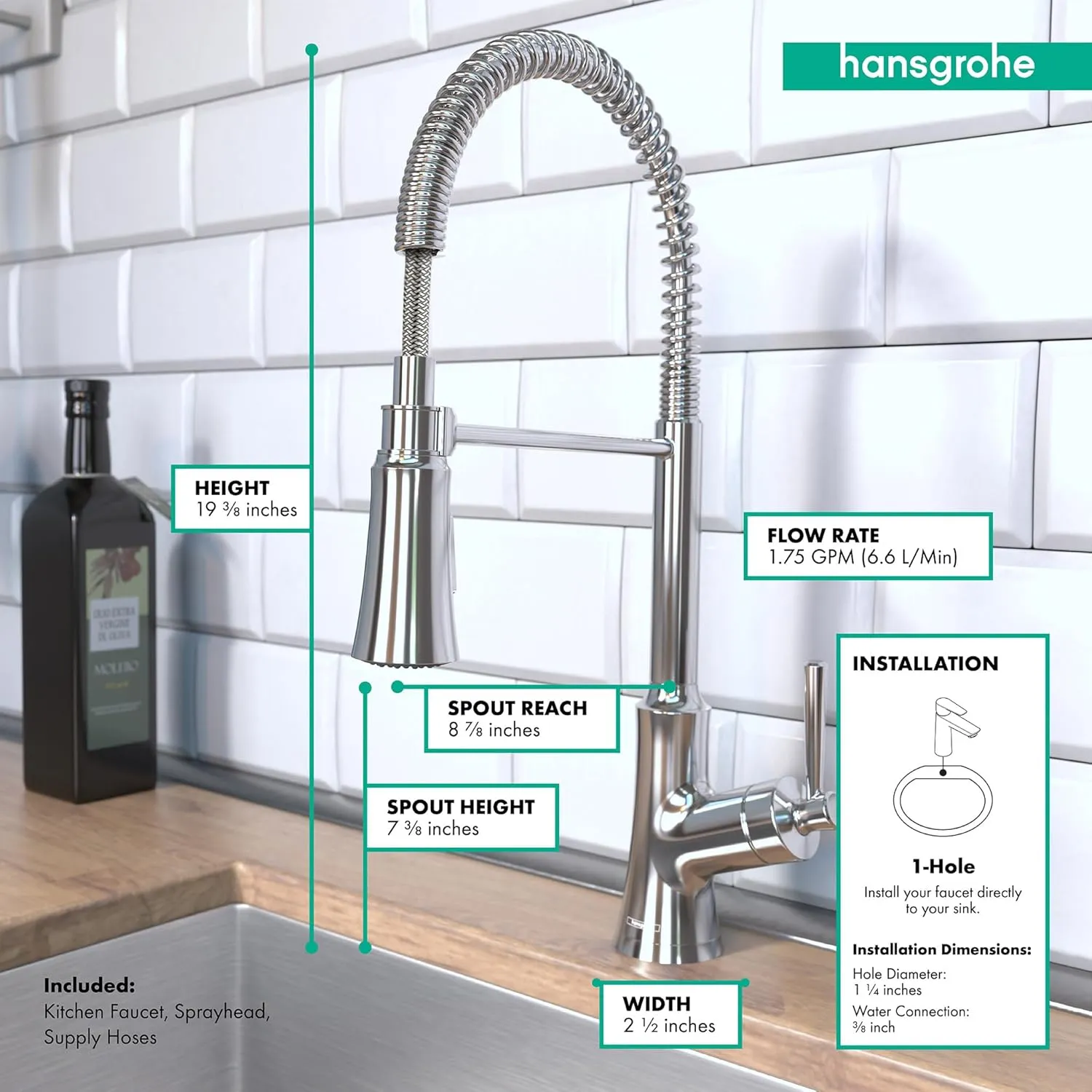 hansgrohe Joleena Chrome Commercial Kitchen Faucet, Kitchen Faucets with Pull Down Sprayer, Faucet for Kitchen Sink, Chrome 04792000 19.3-Inches Tall