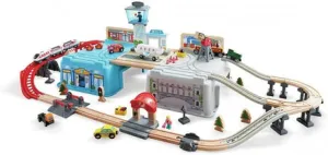 Hape Super Cityscape Transport Bucket Set | Wooden Toy Train Set with City Scenes, Plane, Battery-Powered Engine, for Children 3  Years