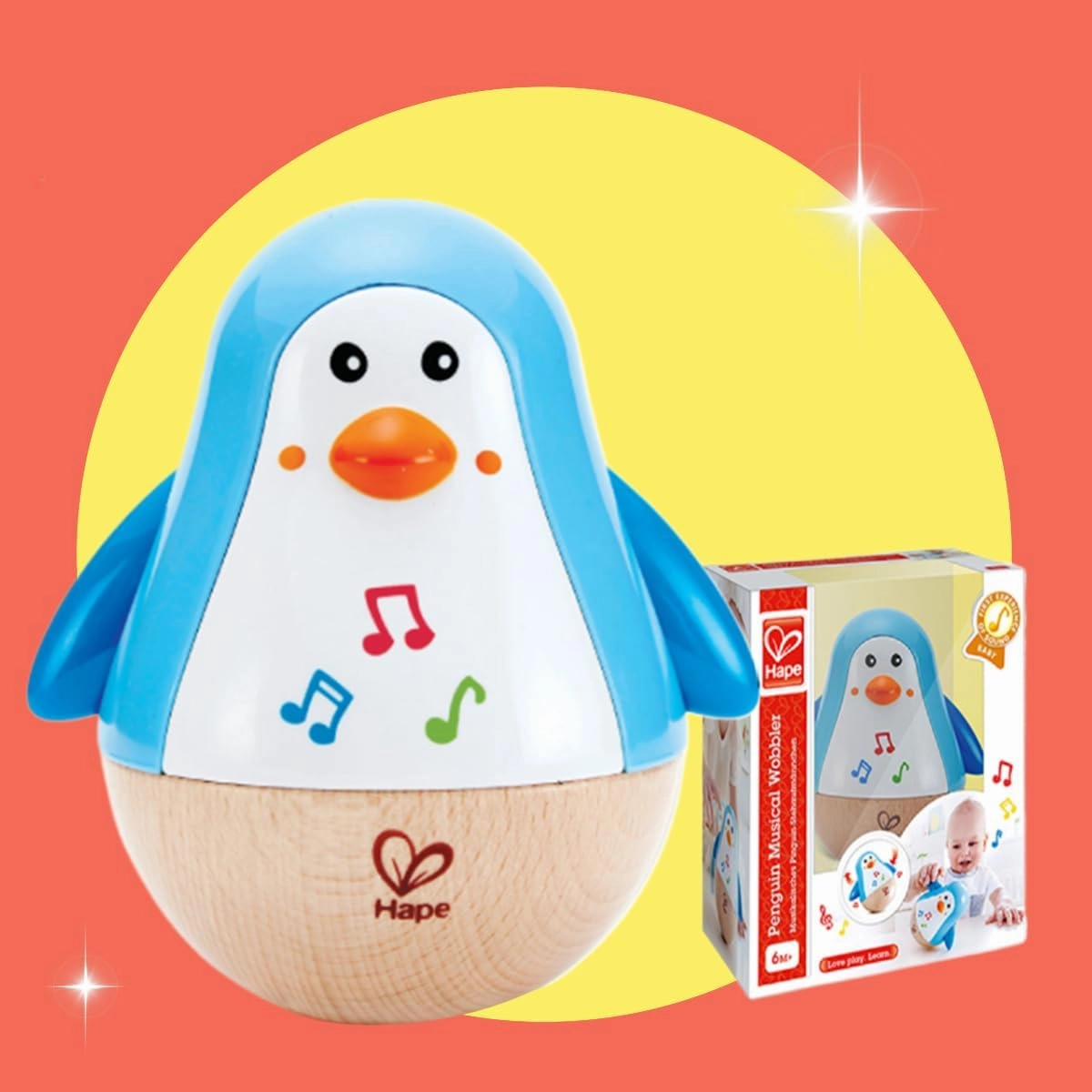 Hape Penguin Musical Wobbler | Colorful Wobbling Melody Penguin, Roly Poly Toy for Kids 6 Months , Multicolor, 5'' x 2'' (E0331)