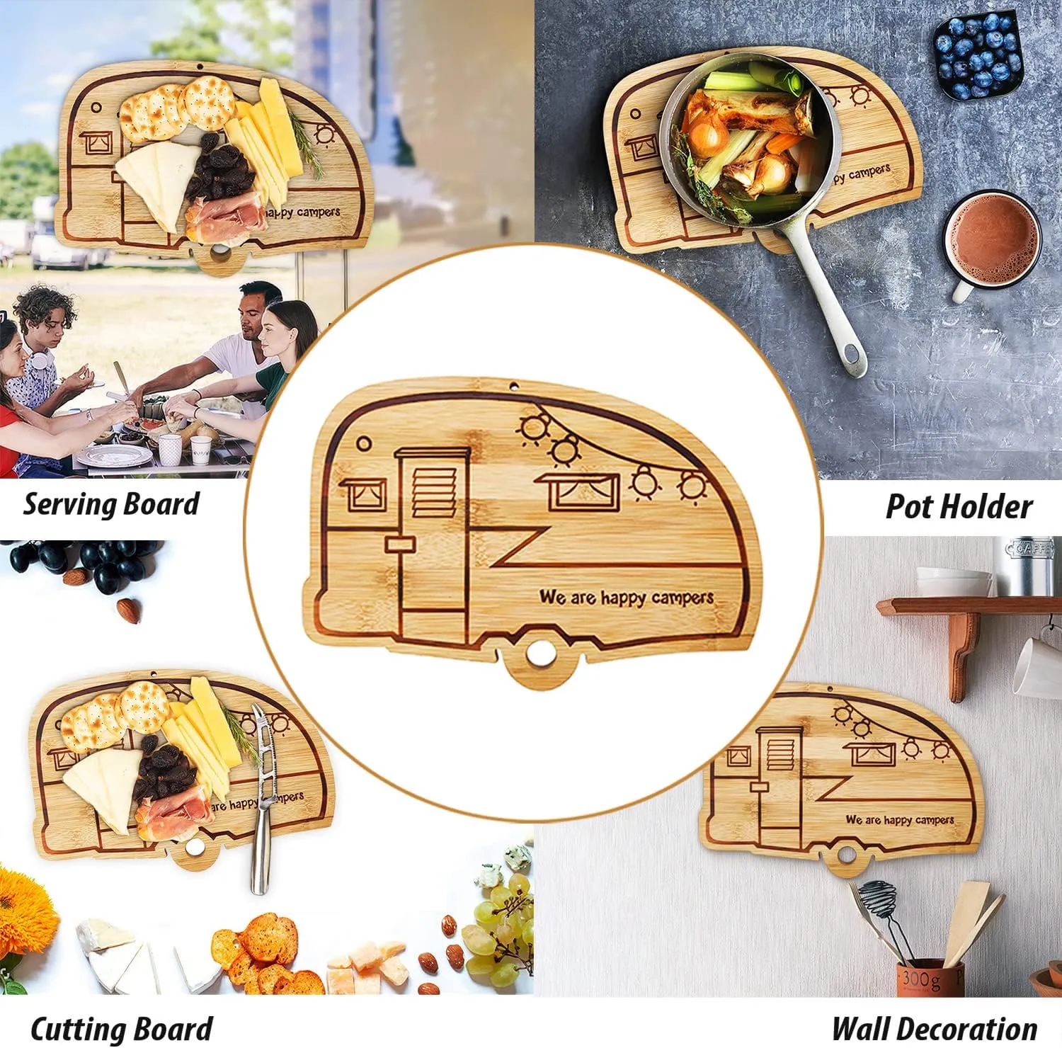 Happy Camper Bamboo Cutting Board,Retro RV Engraved Camping Cutting Board, Camper Decor RV Gift for Couple,Camping,Housewarming&Party Small
