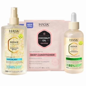 HASK Ultimate Hair Repair Bundle – Coconut Deep Conditioner 6-Pack with Weightless Repair Oil Mist & Strength & Length Scalp Serum