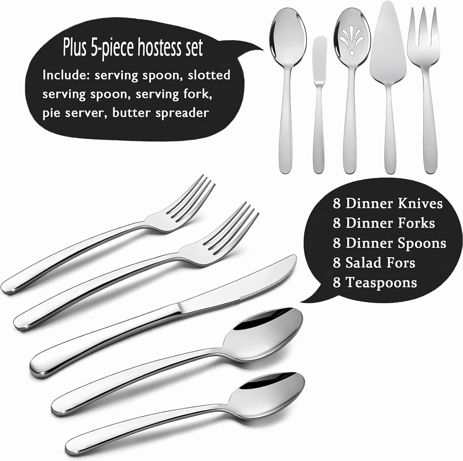 HaWare Heavy Duty Silverware Set, 65 Pieces Stainless Steel Flatware with Serving Utensils, Weight Tableware for 12, Modern Cutlery for Home, Dishwasher Safe, Mirror Polished