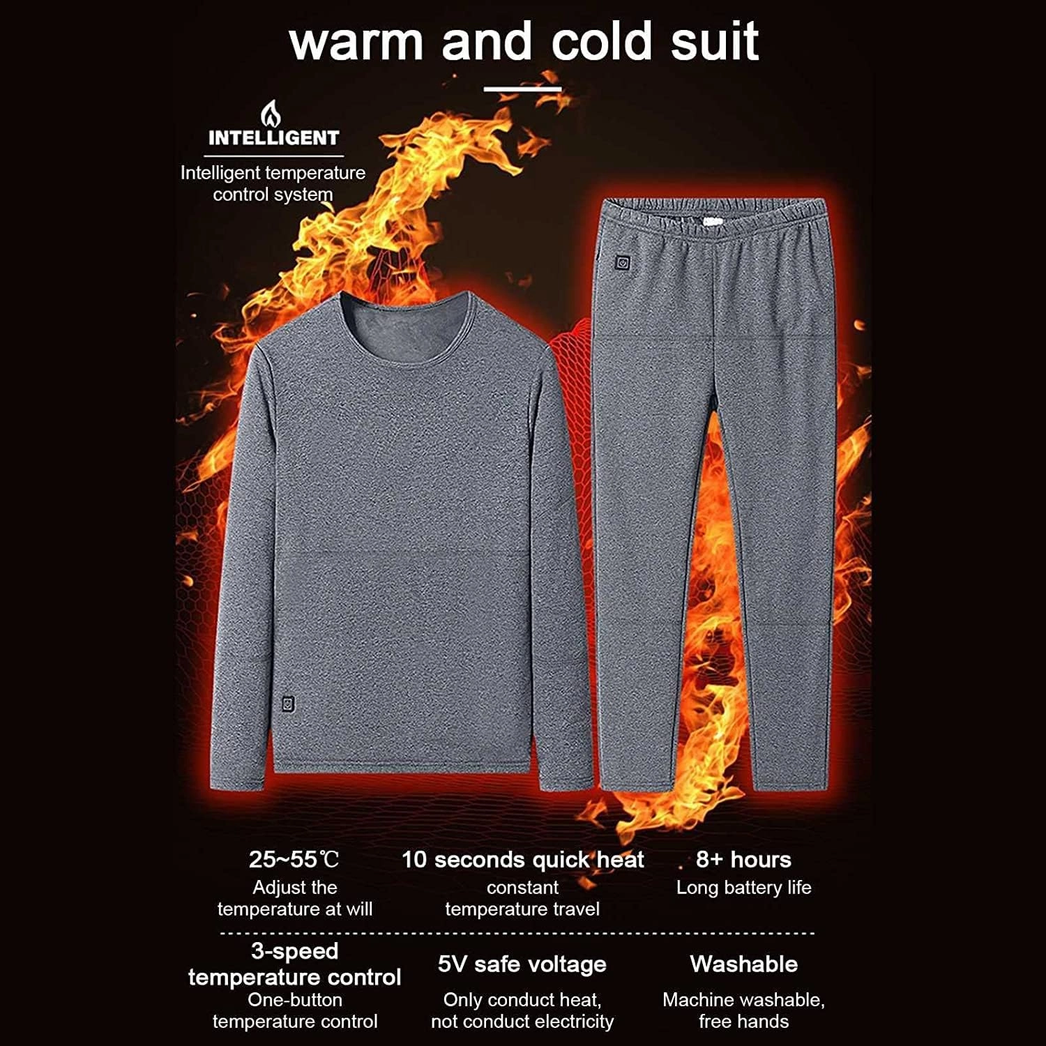 Heated Warm Underwear for Men Women 22 Zone Heating Pad USB Thermal Soft Trousers Top (Batteries Not Included)(Male Gray,M-Medium)