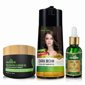 Herbishh C3 Combo (Color   Repair   Condition) with Hair Color Shampoo Dark Brown 400ml   Argan Oil 30ml and Hair Mask 150gm - Hair Dye Shampoo for Grey Hair | Gift Set for Parents, Men and Women