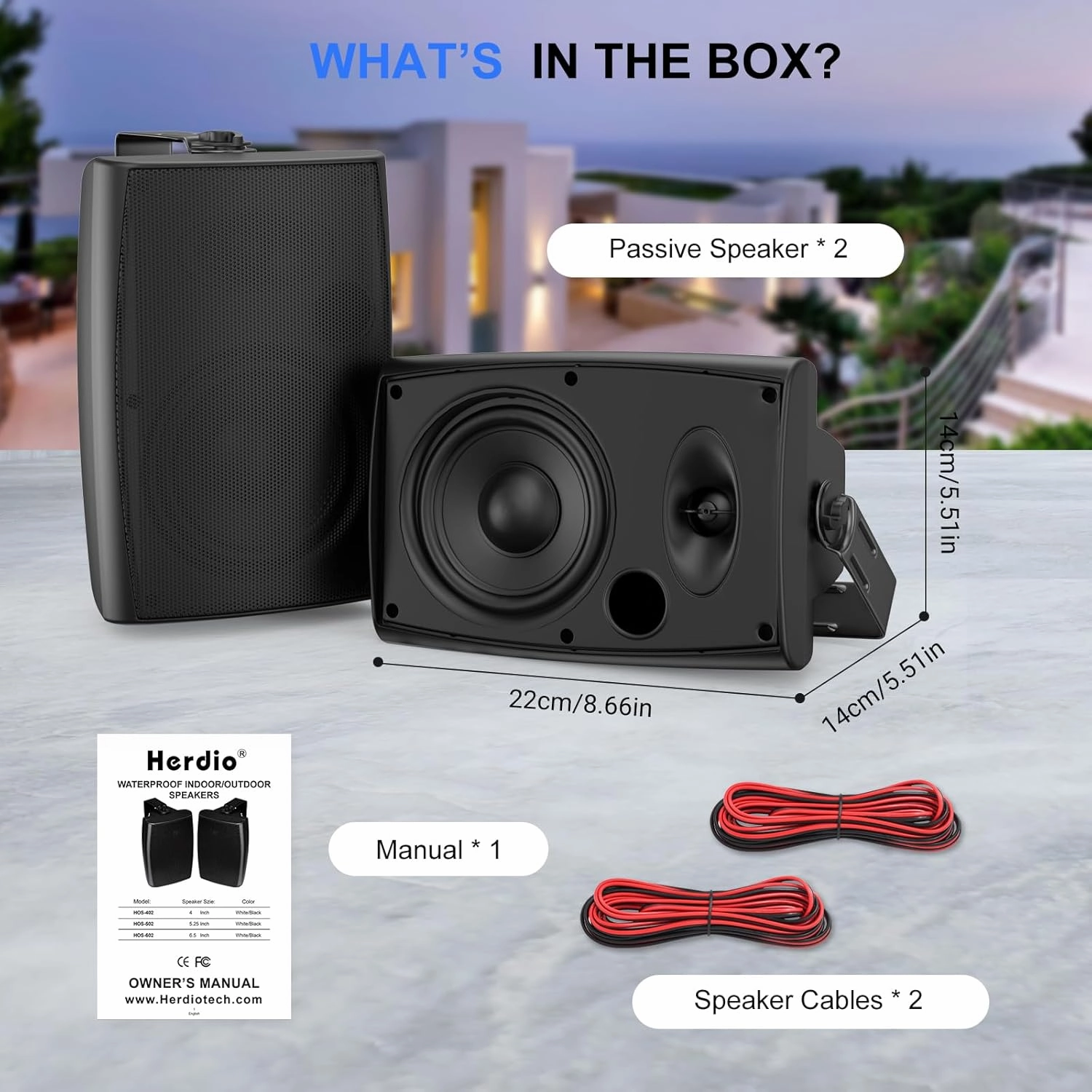 Herdio 4" Passive Outdoor Speakers Waterproof Wired, 200W Wall Mount Speakers with Superior Sound,Dual Swivel Brackets for Patio/Deck/Backyard (Pair, Black)