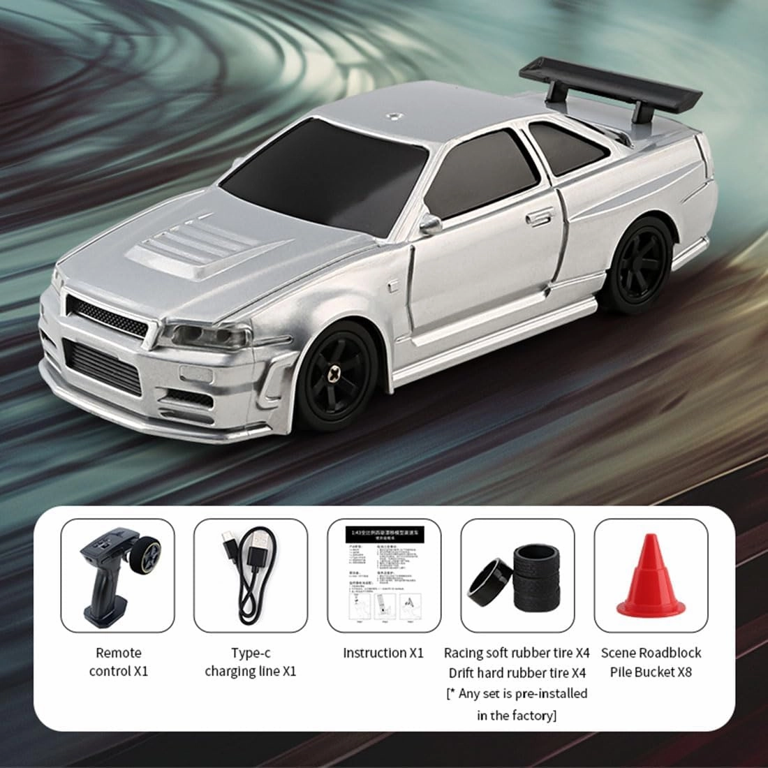 HERR RC Electric Mini Racing Drift Car Model 1:43 Scale 2.4G Full Scale Linkage Light Set Max Speed 15km/h Indoor Mini RC Toys Hobbyist Gift Black White (RTR Version/Silver), 0RB06617WC261RLXV