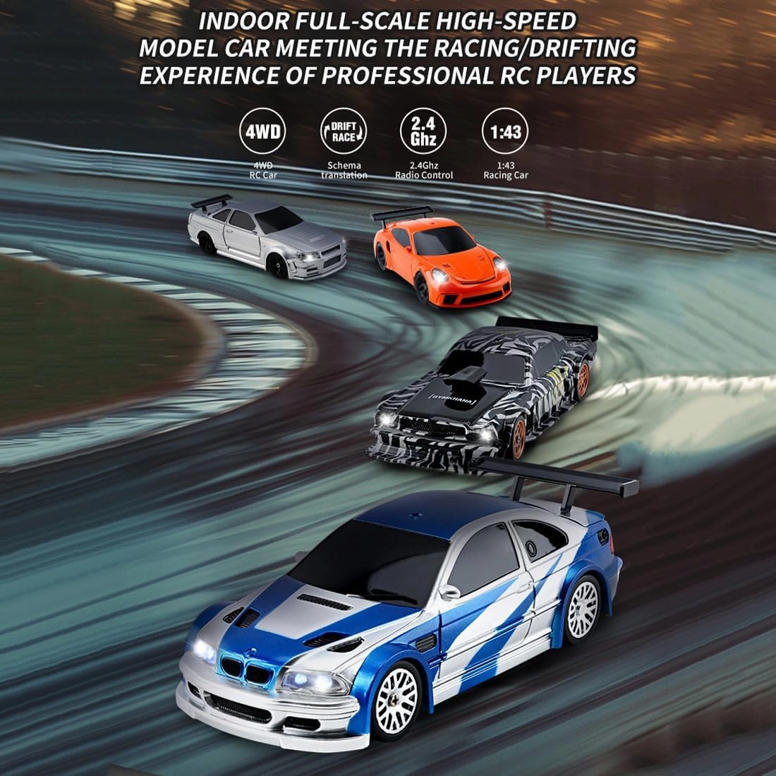 HERR RC Electric Mini Racing Drift Car Model 1:43 Scale 2.4G Full Scale Linkage Light Set Max Speed 15km/h Indoor Mini RC Toys Hobbyist Gift Black White (RTR Version/Silver), 0RB06617WC261RLXV