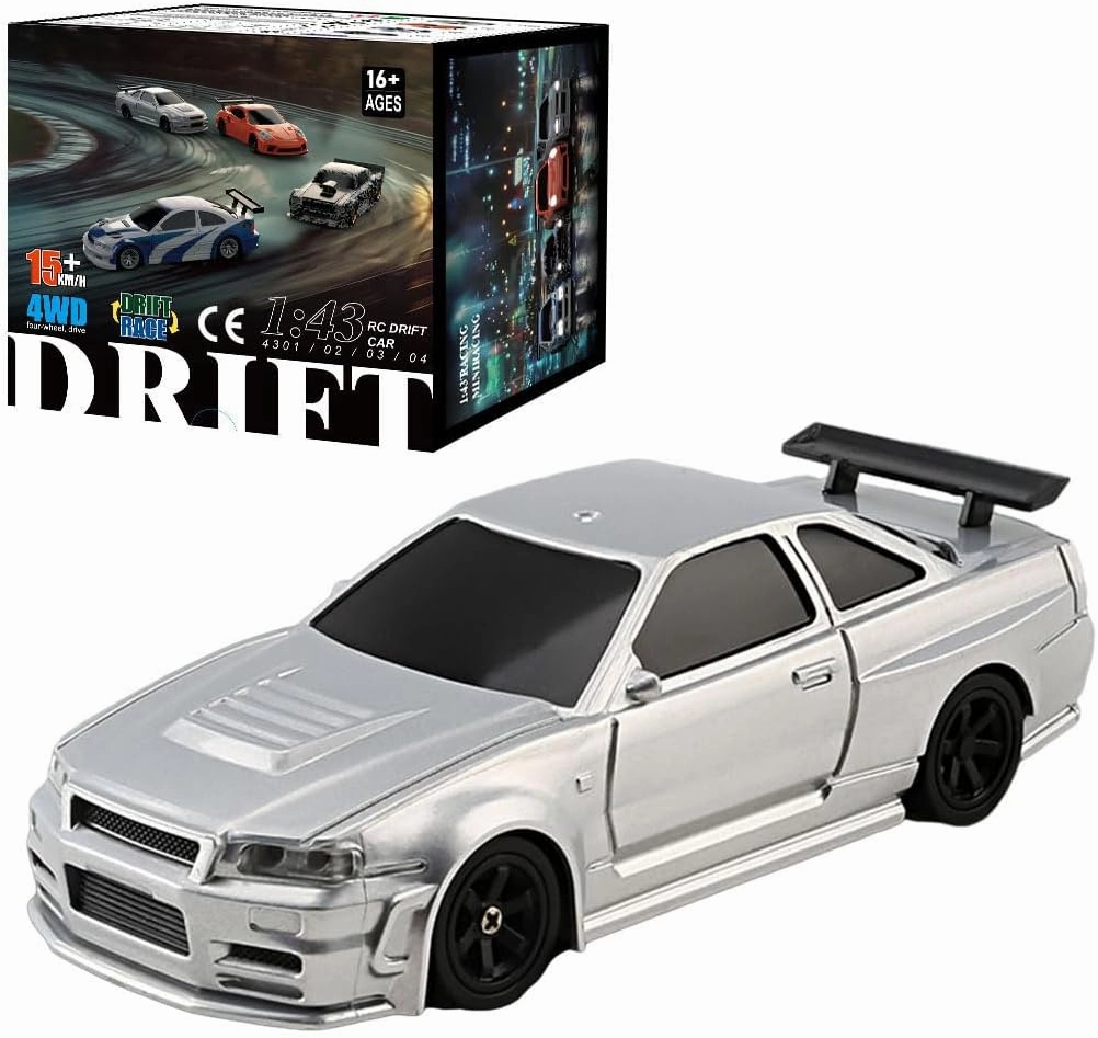 HERR RC Electric Mini Racing Drift Car Model 1:43 Scale 2.4G Full Scale Linkage Light Set Max Speed 15km/h Indoor Mini RC Toys Hobbyist Gift Black White (RTR Version/Silver), 0RB06617WC261RLXV