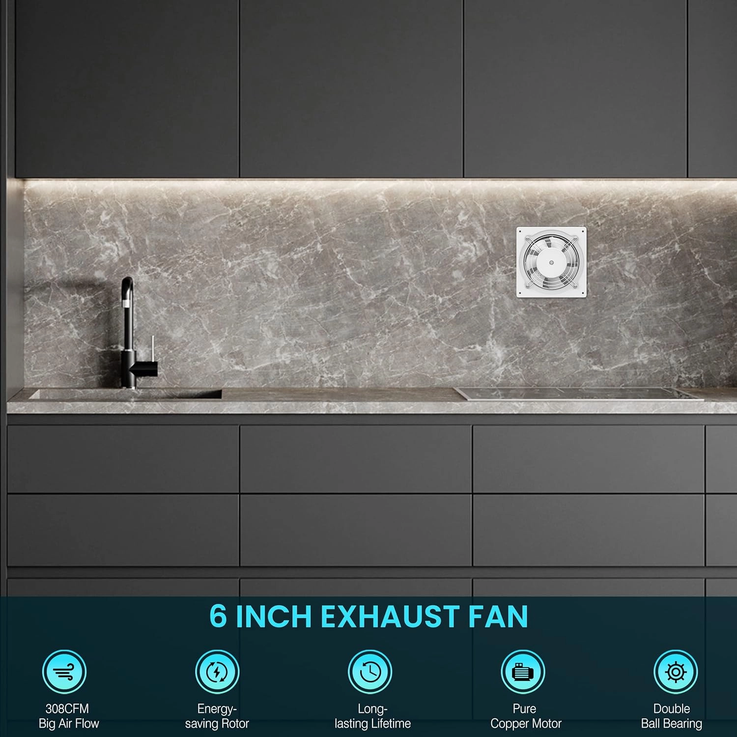 HG Power 6 Inch Exhaust Fan with Speed Controller, 308CFM Wall Exhaust Fanfor Kitchen, Bathroom, Metal Extractor Fan for Pet Room, Smoking Room, Attic, Garage, Window Ventilation