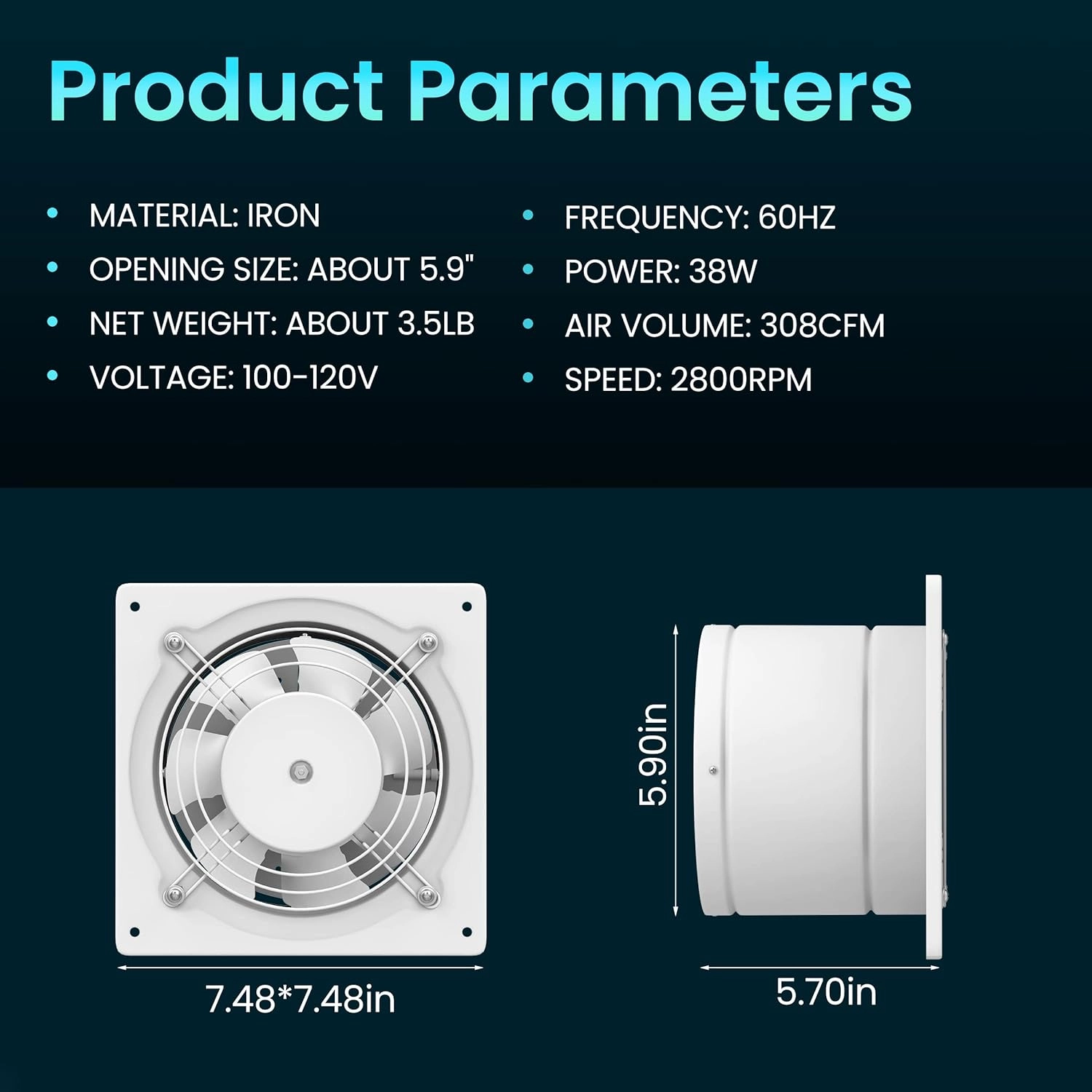 HG Power 6 Inch Exhaust Fan with Speed Controller, 308CFM Wall Exhaust Fanfor Kitchen, Bathroom, Metal Extractor Fan for Pet Room, Smoking Room, Attic, Garage, Window Ventilation