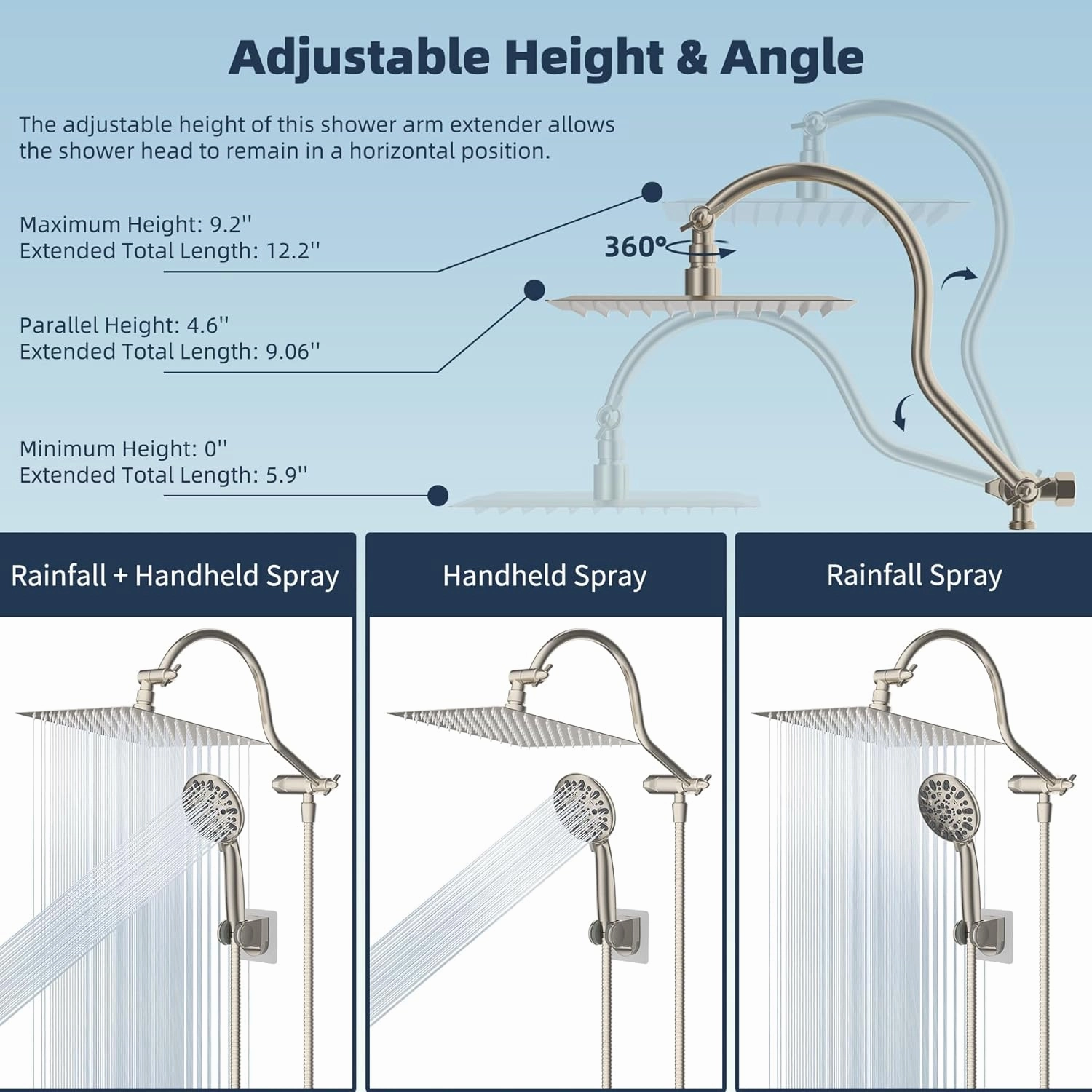 Hibbent All Metal Shower Head, 8'' High Pressure Rainfall Shower Head, Handheld Showerhead Combo with 12'' Adjustable Curved Extension Arm, 7-Spray, 71'' Hose, Showerhead Holder, Brushed Nickel