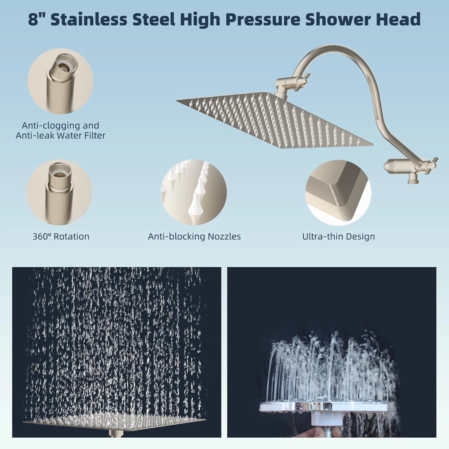 Hibbent All Metal Shower Head, 8'' High Pressure Rainfall Shower Head, Handheld Showerhead Combo with 12'' Adjustable Curved Extension Arm, 7-Spray, 71'' Hose, Showerhead Holder, Brushed Nickel