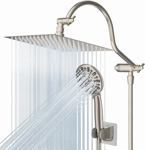 Hibbent All Metal Shower Head, 8'' High Pressure Rainfall Shower Head, Handheld Showerhead Combo with 12'' Adjustable Curved Extension Arm, 7-Spray, 71'' Hose, Showerhead Holder, Brushed Nickel