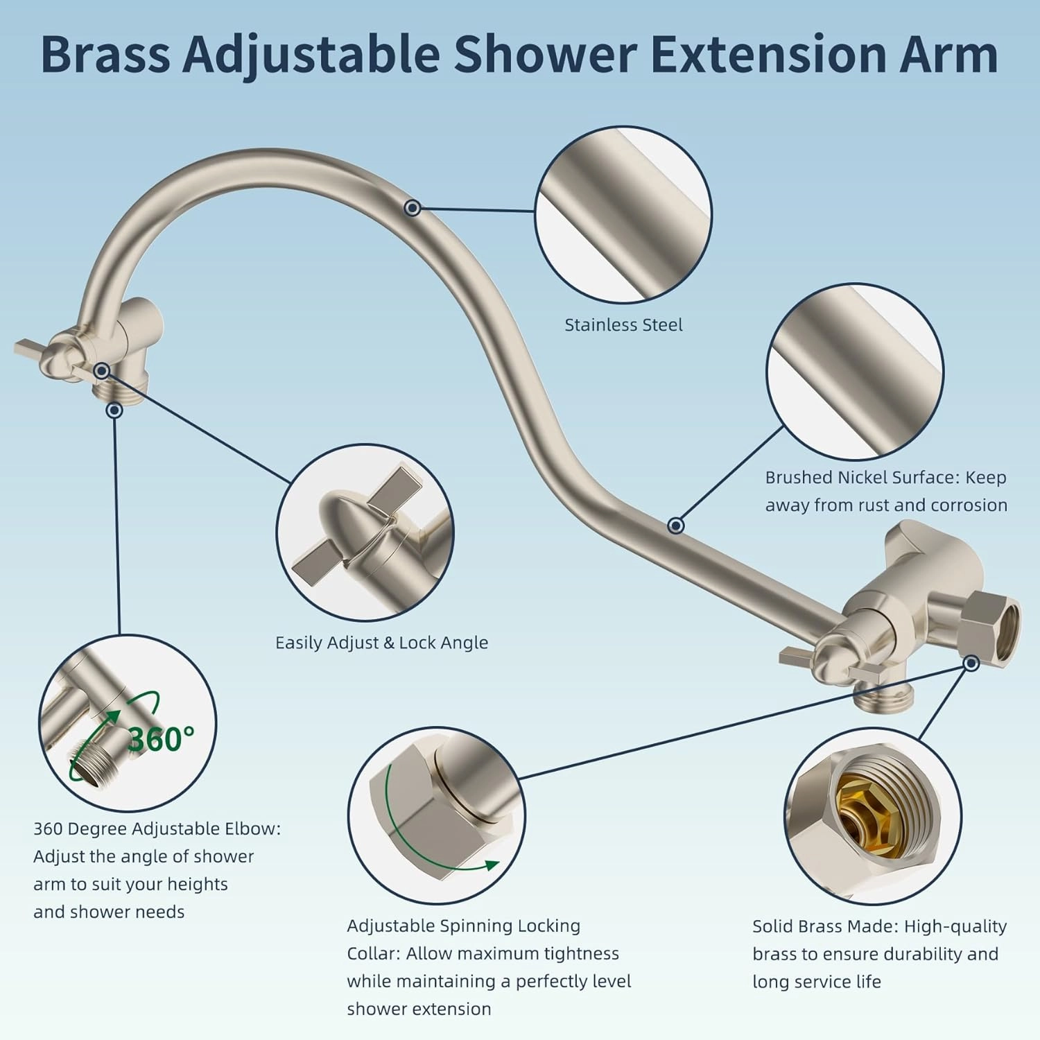 Hibbent All Metal Shower Head, 8'' High Pressure Rainfall Shower Head, Handheld Showerhead Combo with 12'' Adjustable Curved Extension Arm, 7-Spray, 71'' Hose, Showerhead Holder, Brushed Nickel
