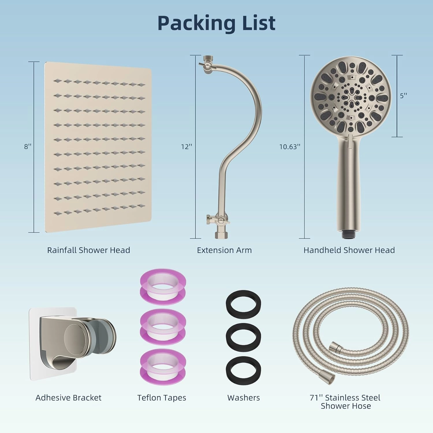 Hibbent All Metal Shower Head, 8'' High Pressure Rainfall Shower Head, Handheld Showerhead Combo with 12'' Adjustable Curved Extension Arm, 7-Spray, 71'' Hose, Showerhead Holder, Brushed Nickel