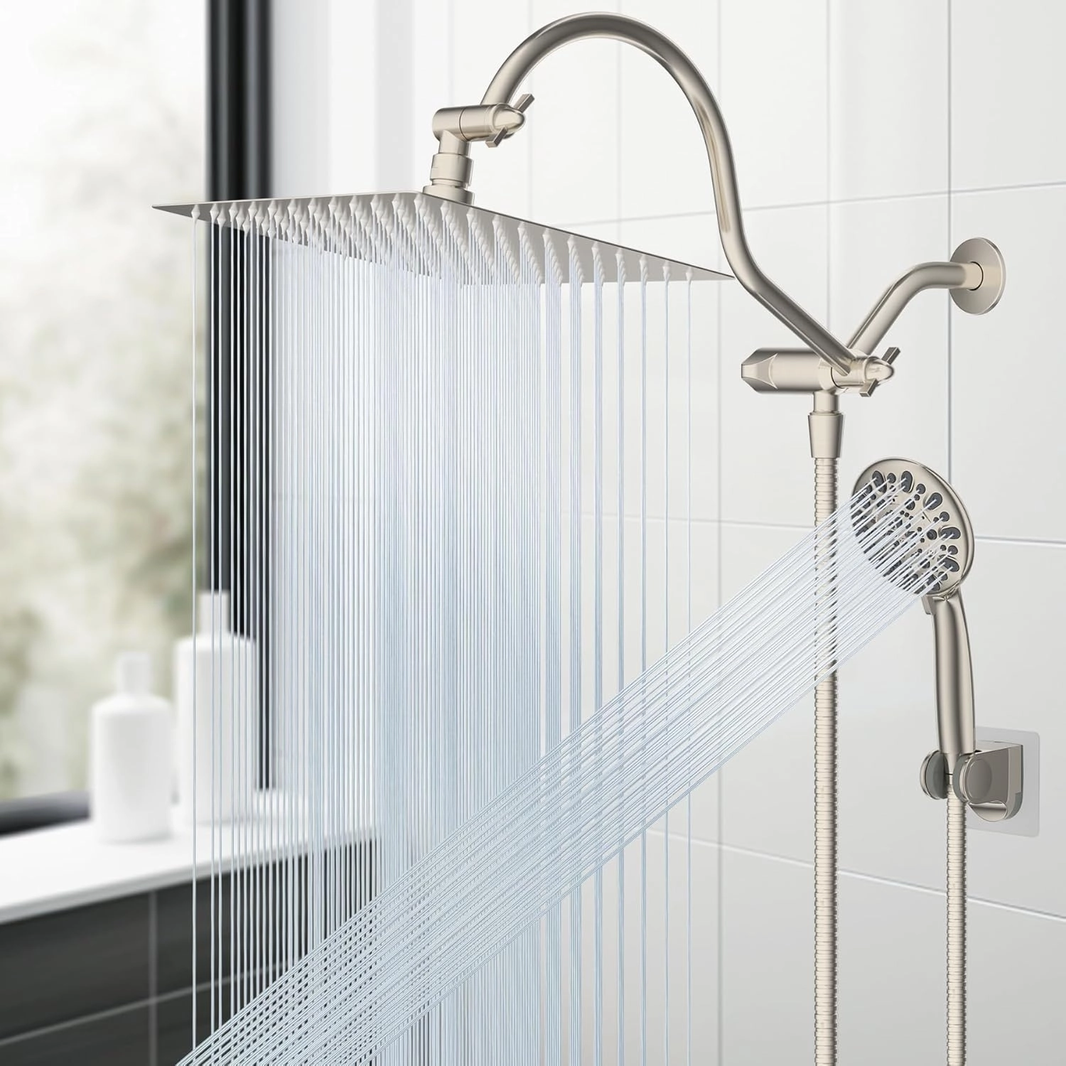Hibbent All Metal Shower Head, 8'' High Pressure Rainfall Shower Head, Handheld Showerhead Combo with 12'' Adjustable Curved Extension Arm, 7-Spray, 71'' Hose, Showerhead Holder, Brushed Nickel