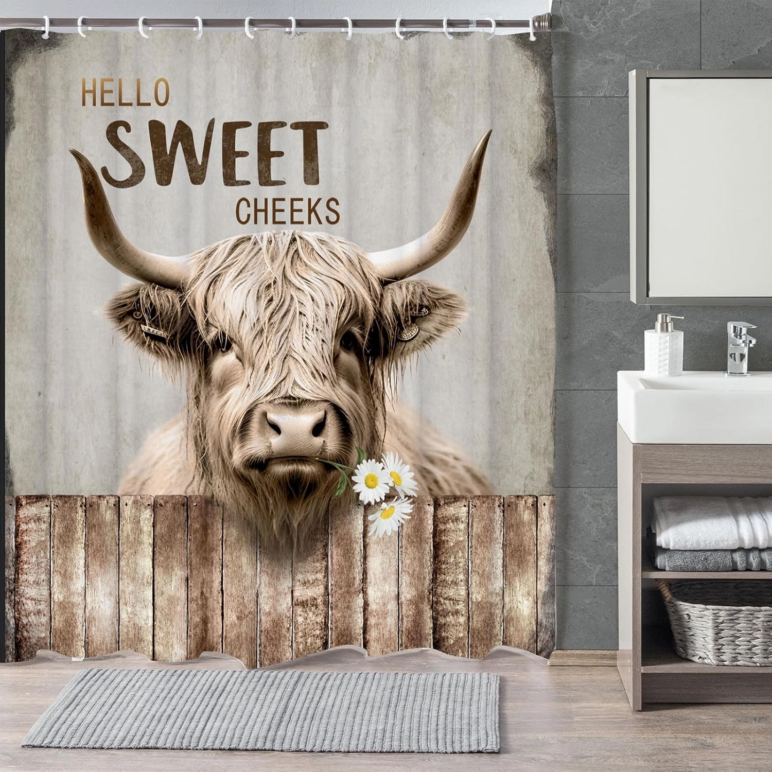 Highland Cattle Cow Bull Shower Curtains,Farmhouse Animal Rustic Country Shower Curtain for Bathroom,Western West Fabric Shower Curtain Set with Hooks Bath Decoration 72X72inches