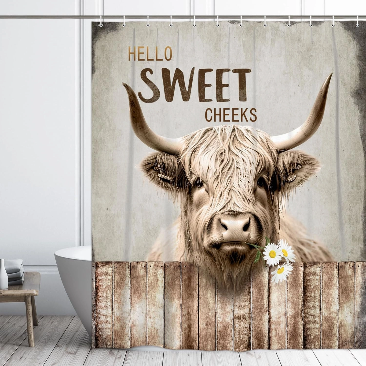 Highland Cattle Cow Bull Shower Curtains,Farmhouse Animal Rustic Country Shower Curtain for Bathroom,Western West Fabric Shower Curtain Set with Hooks Bath Decoration 72X72inches