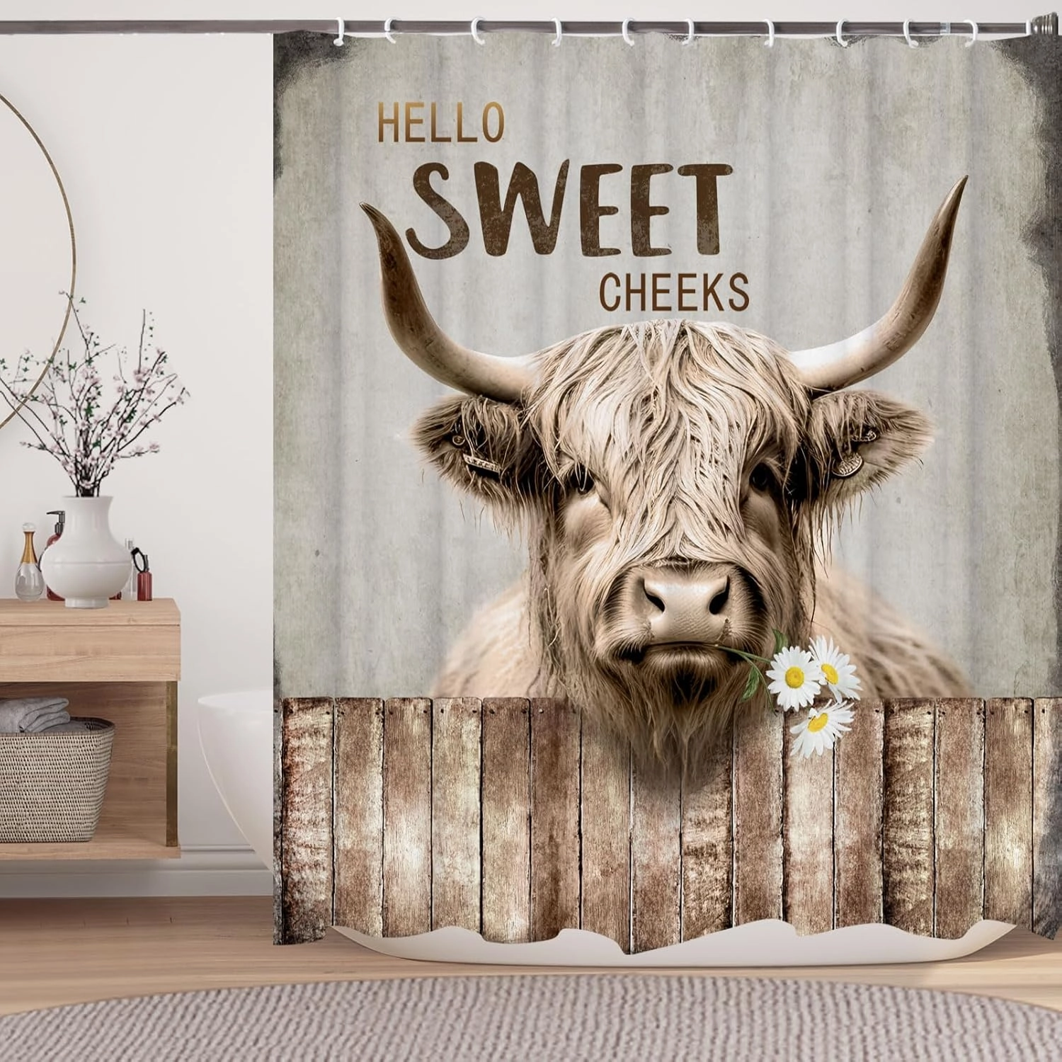 Highland Cattle Cow Bull Shower Curtains,Farmhouse Animal Rustic Country Shower Curtain for Bathroom,Western West Fabric Shower Curtain Set with Hooks Bath Decoration 72X72inches