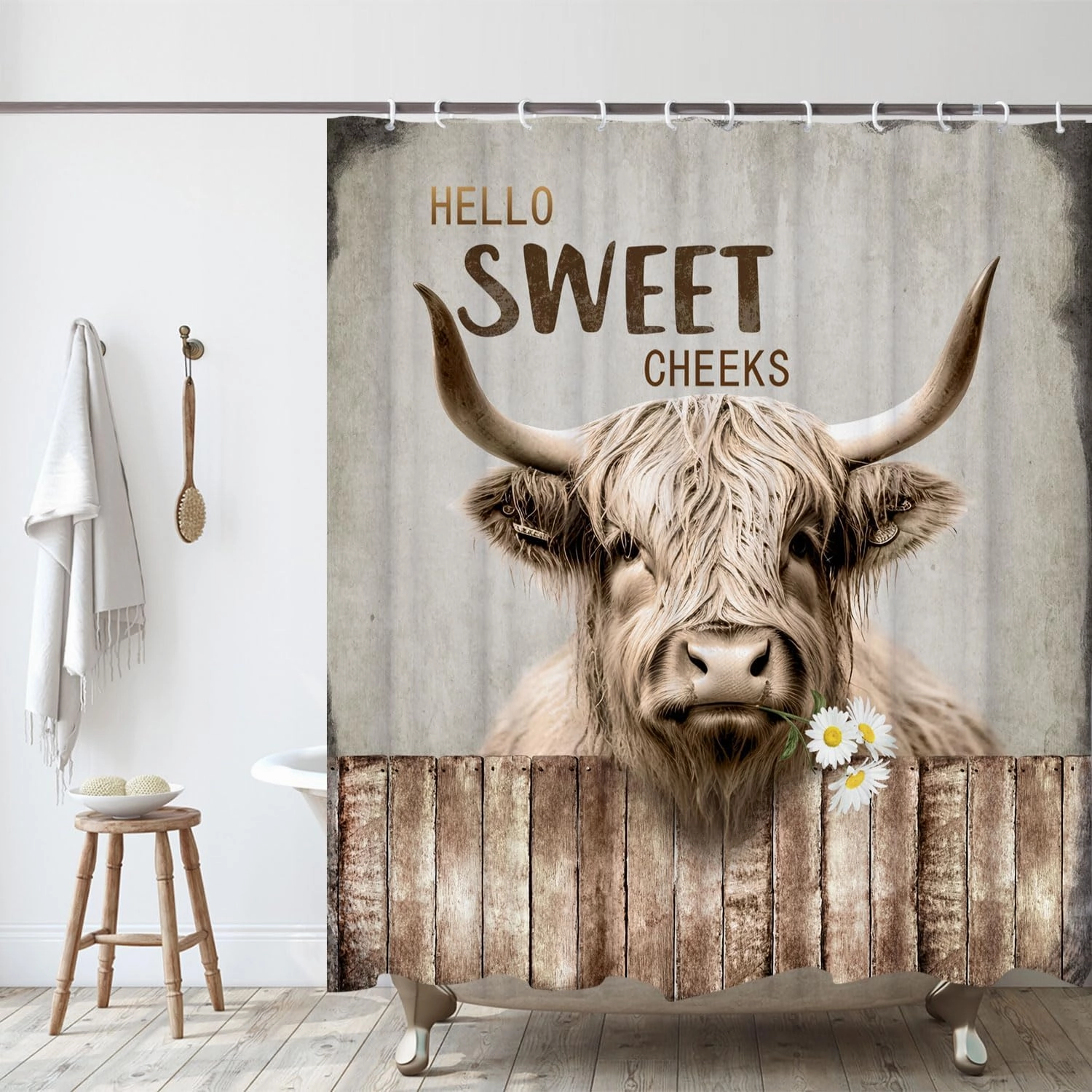 Highland Cattle Cow Bull Shower Curtains,Farmhouse Animal Rustic Country Shower Curtain for Bathroom,Western West Fabric Shower Curtain Set with Hooks Bath Decoration 72X72inches