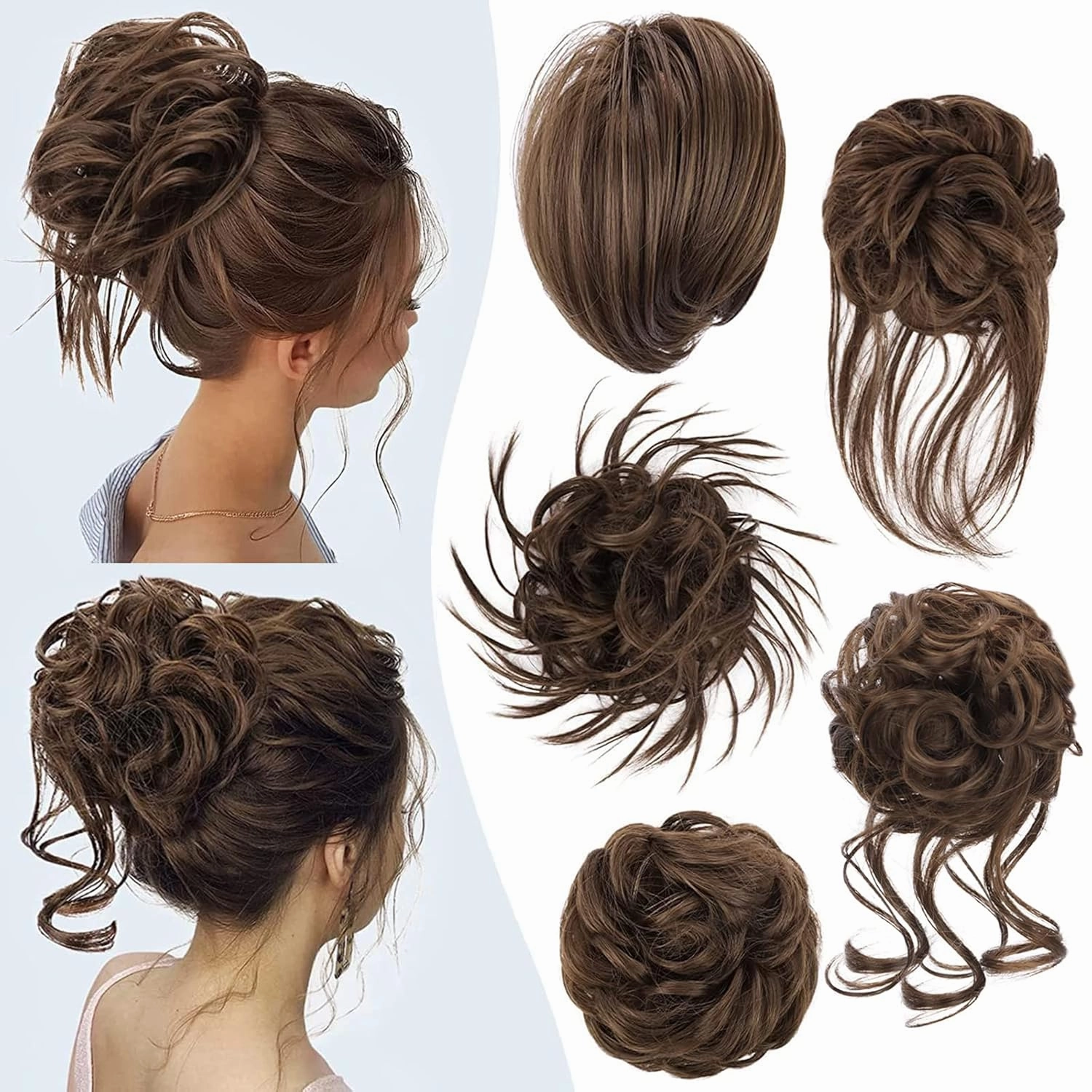 HMD 5 Pieces Messy Hair Bun Hairpiece Tousled Updo for Women Hair Extension Ponytail Scrunchies with Elastic Rubber Band Long Updo Messy Hairpiece Hair Accessories Set for Women（8L）