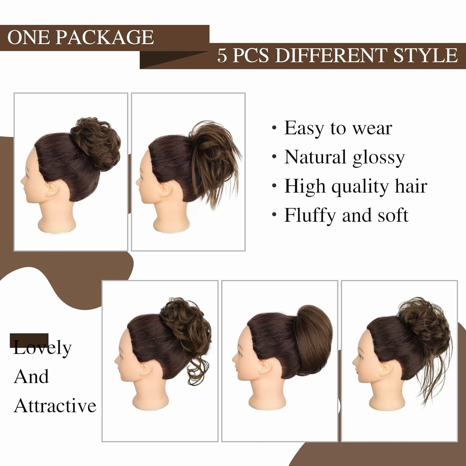 HMD 5 Pieces Messy Hair Bun Hairpiece Tousled Updo for Women Hair Extension Ponytail Scrunchies with Elastic Rubber Band Long Updo Messy Hairpiece Hair Accessories Set for Women（8L）