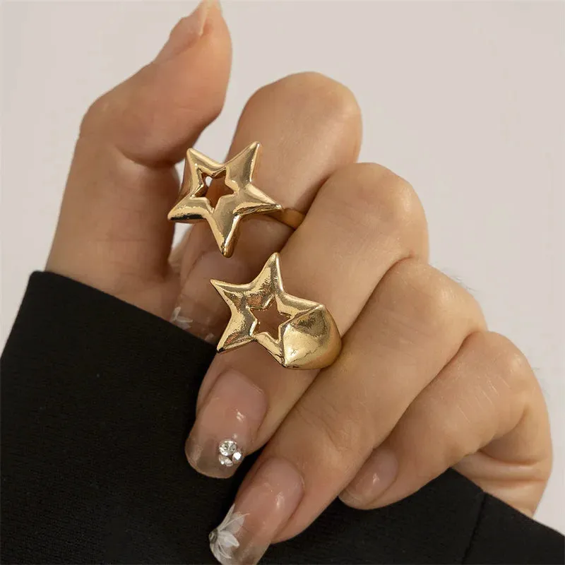 Hollow Stars Ring Sets Trendy Adjustable Opening Rings for Women Couple Gifts Punk Fashion Engagement Hip Hop Party Jewelry