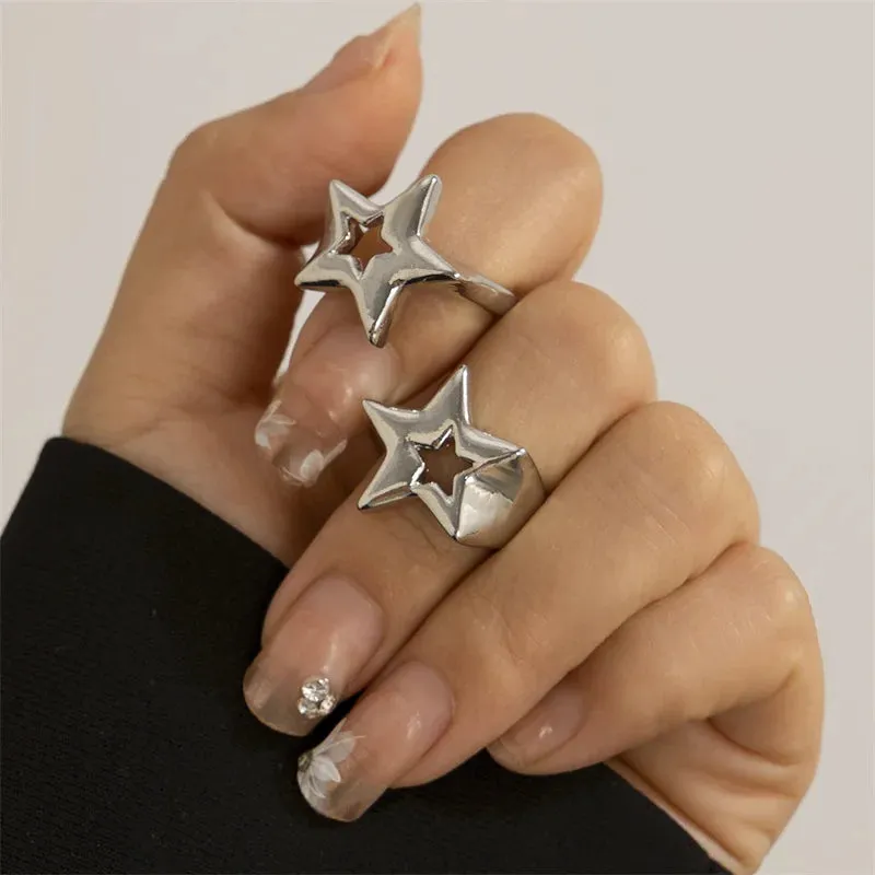 Hollow Stars Ring Sets Trendy Adjustable Opening Rings for Women Couple Gifts Punk Fashion Engagement Hip Hop Party Jewelry