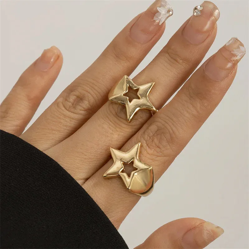 Hollow Stars Ring Sets Trendy Adjustable Opening Rings for Women Couple Gifts Punk Fashion Engagement Hip Hop Party Jewelry