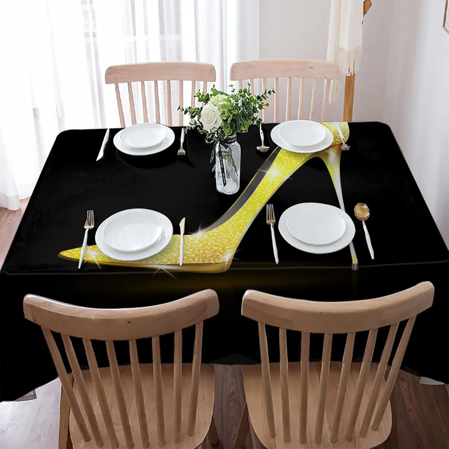 Home Decorative Tablecloth Durable Cotton Linen Table Cover Shiny Golden High Heels Rectangular Table Linens for Dining Kitchen Party (54x78 Inch)